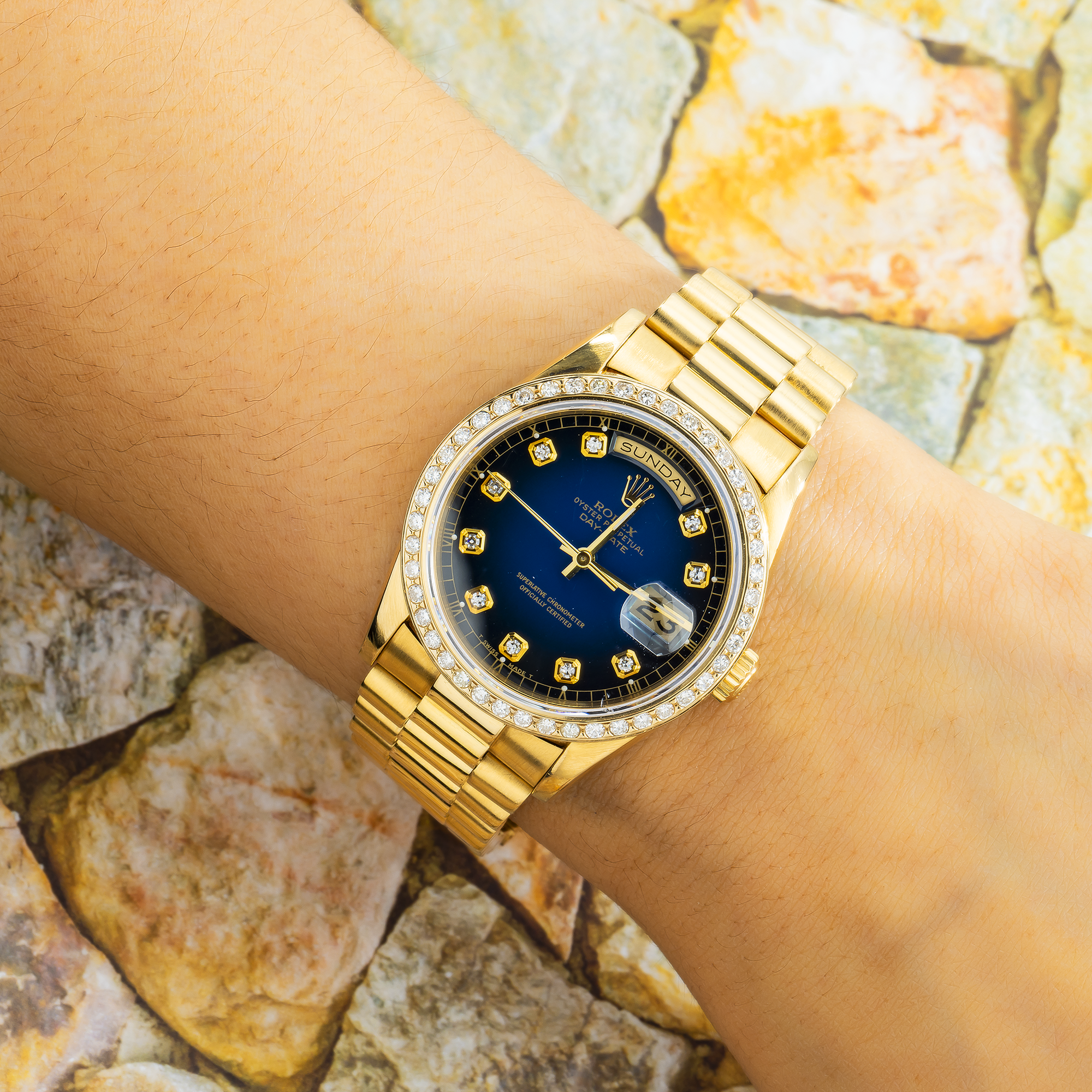 Rolex Day-Date 18238 36MM Blue Diamond Dial With Yellow Gold Diamond Bezel