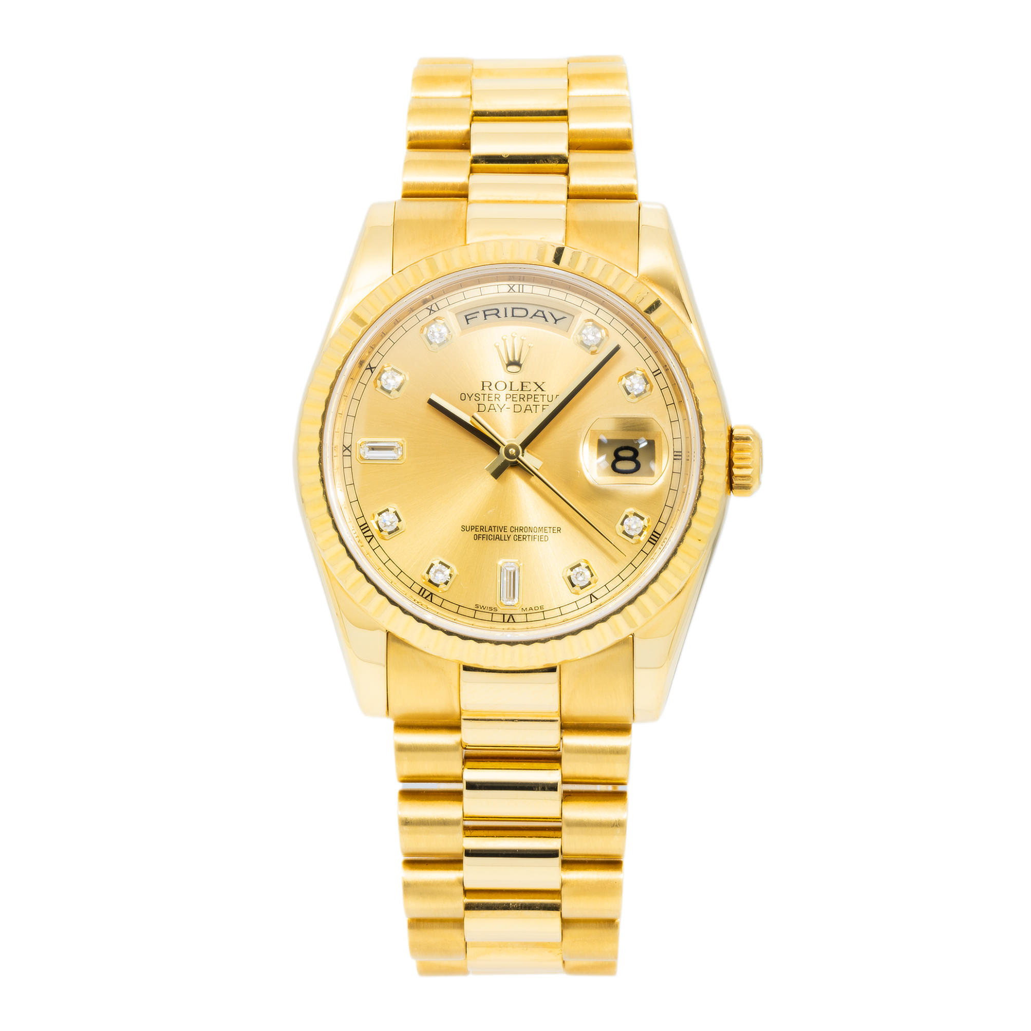 Rolex Day-Date 118238 36MM Champagne Baguette Diamond Dial With Yellow Gold Presidential Bracelet
