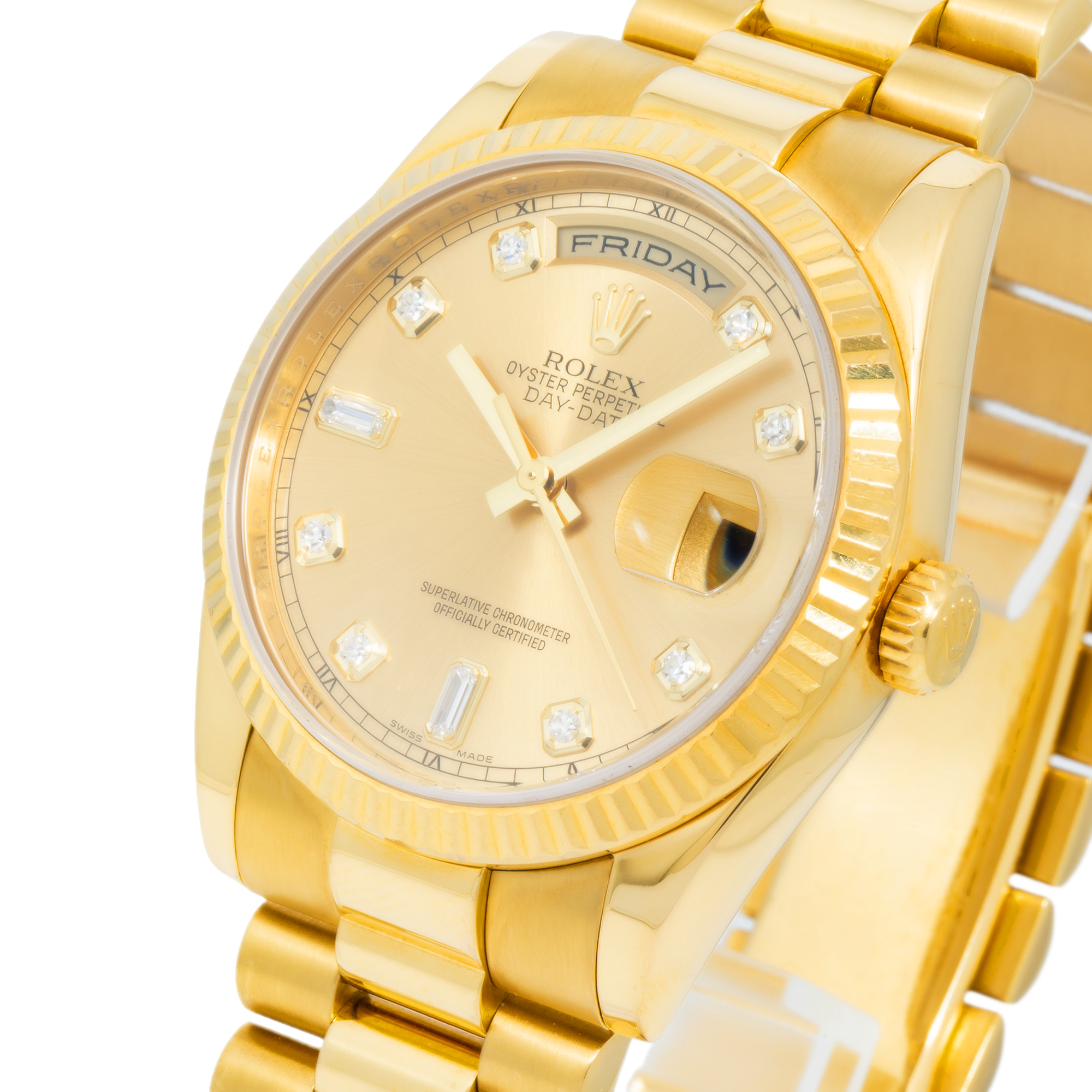 Rolex Day-Date 118238 36MM Champagne Baguette Diamond Dial With Yellow Gold Presidential Bracelet