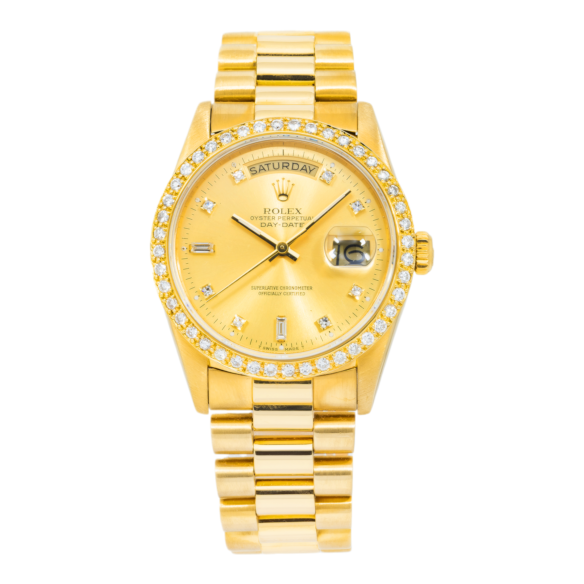 Rolex Day-Date 18238 36MM Champagne Baguette Diamond Dial With Yellow Gold Diamond Bezel