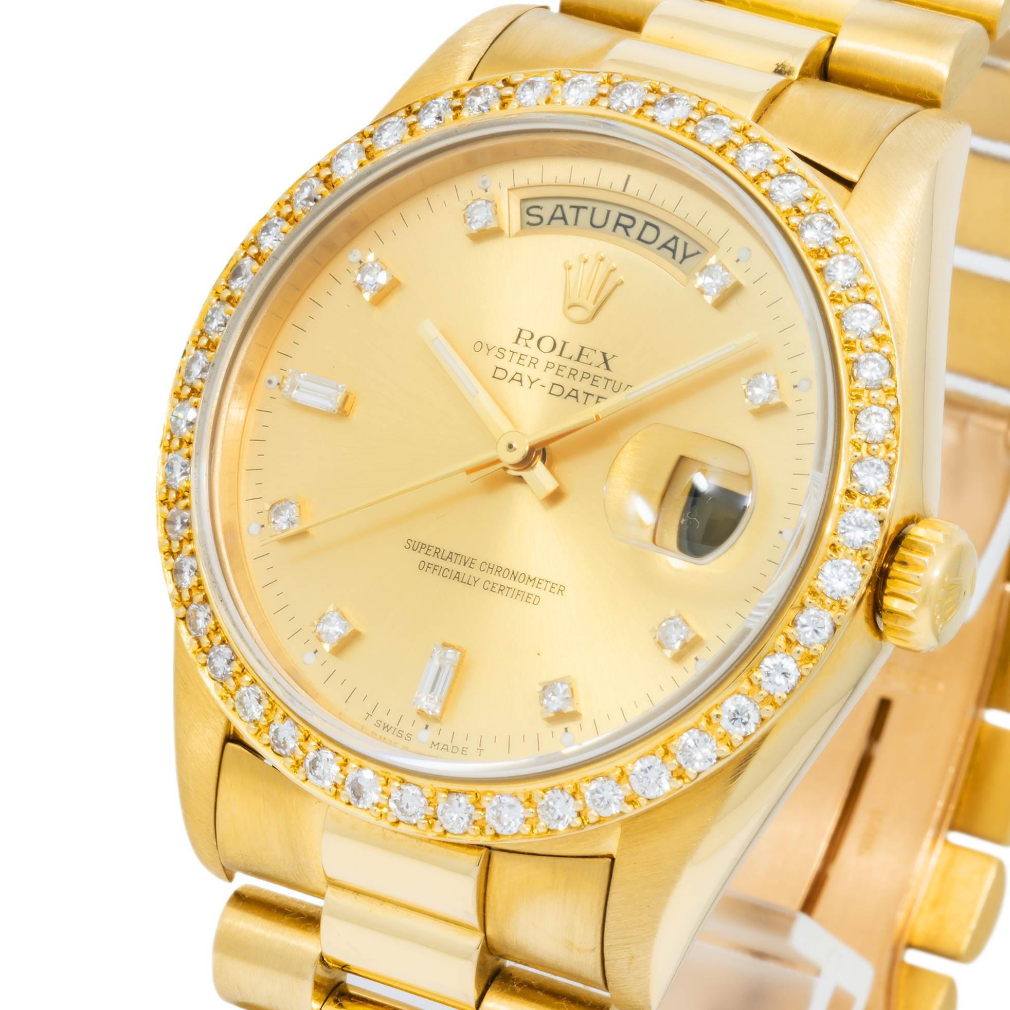 Rolex Day-Date 18238 36MM Champagne Baguette Diamond Dial With Yellow Gold Diamond Bezel