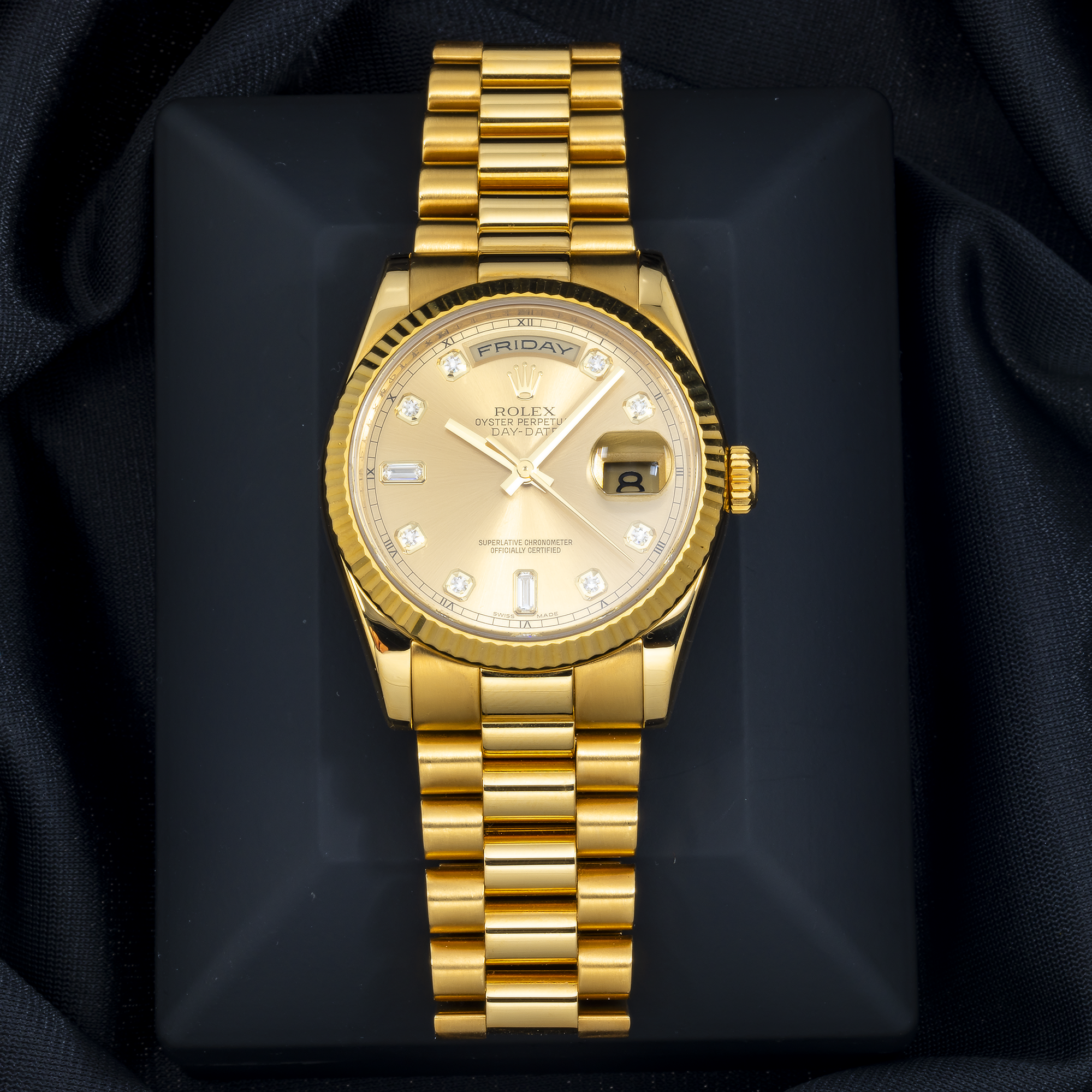 Rolex Day-Date 118238 36MM Champagne Baguette Diamond Dial With Yellow Gold Presidential Bracelet