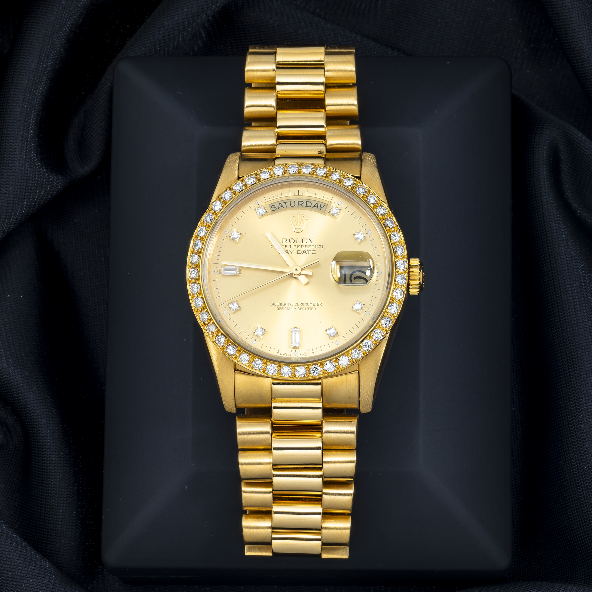 Rolex Day-Date 18238 36MM Champagne Baguette Diamond Dial With Yellow Gold Diamond Bezel