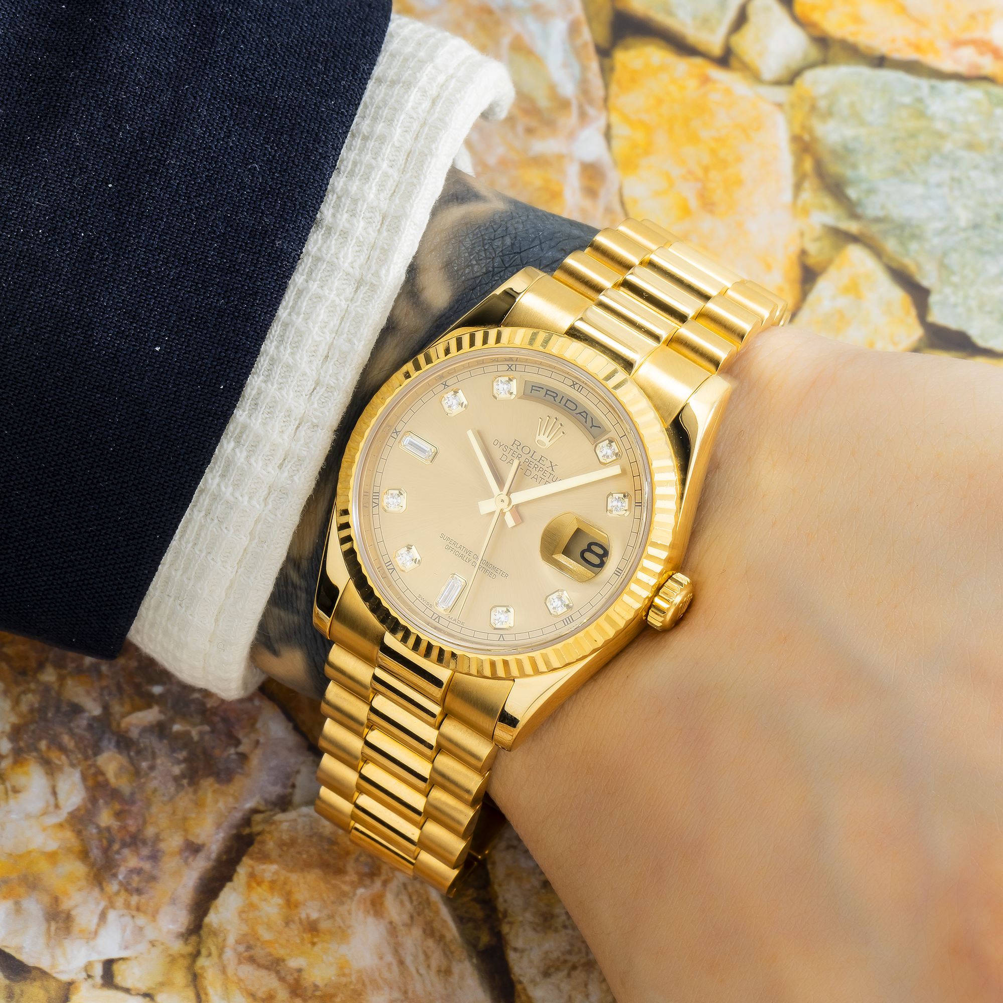 Rolex Day-Date 118238 36MM Champagne Baguette Diamond Dial With Yellow Gold Presidential Bracelet