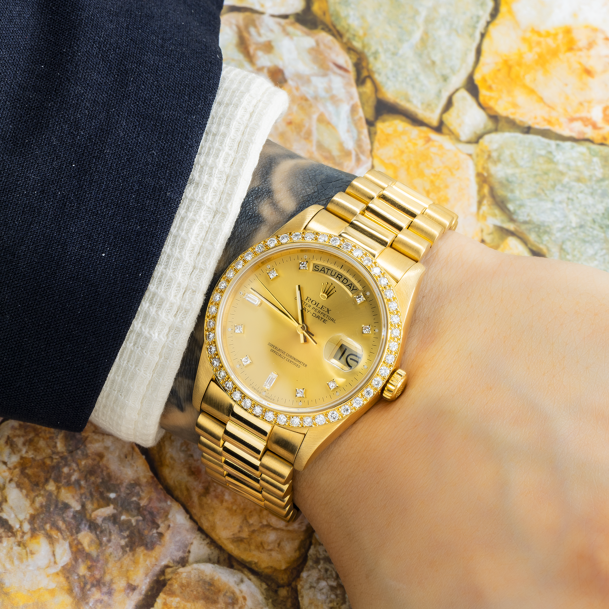 Rolex Day-Date 18238 36MM Champagne Baguette Diamond Dial With Yellow Gold Diamond Bezel