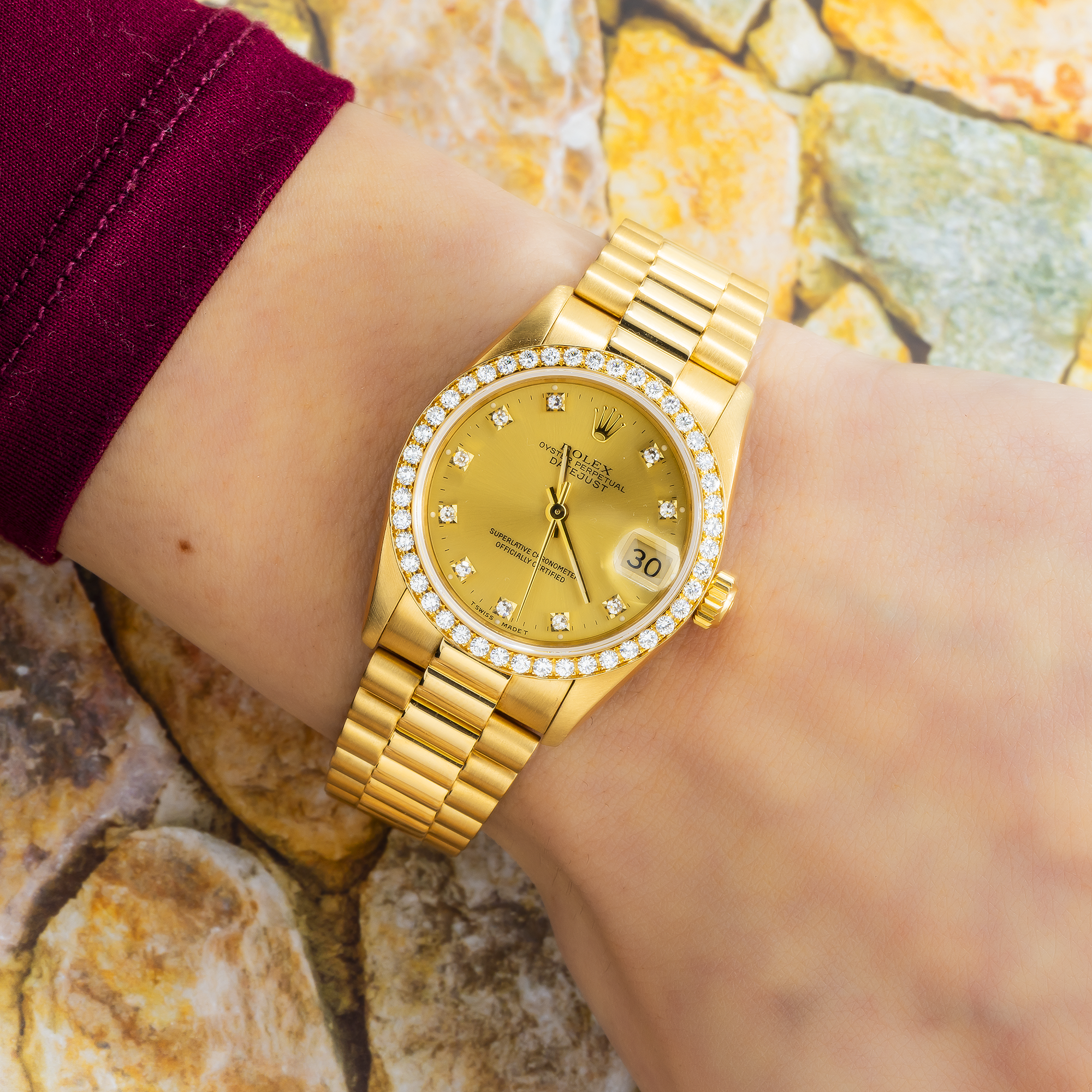 Rolex Datejust 68288 31MM Champagne Diamond Dial And Bezel With Yellow Gold Presidential Bracelet