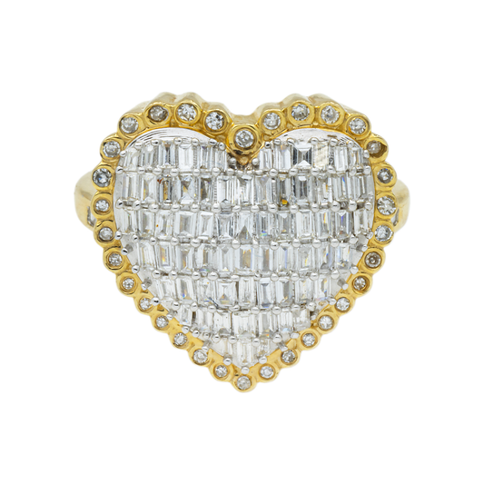 14K GOLD BAGUETTE AND ROUND DIAMOND DOME HEART RING 0.80 CT