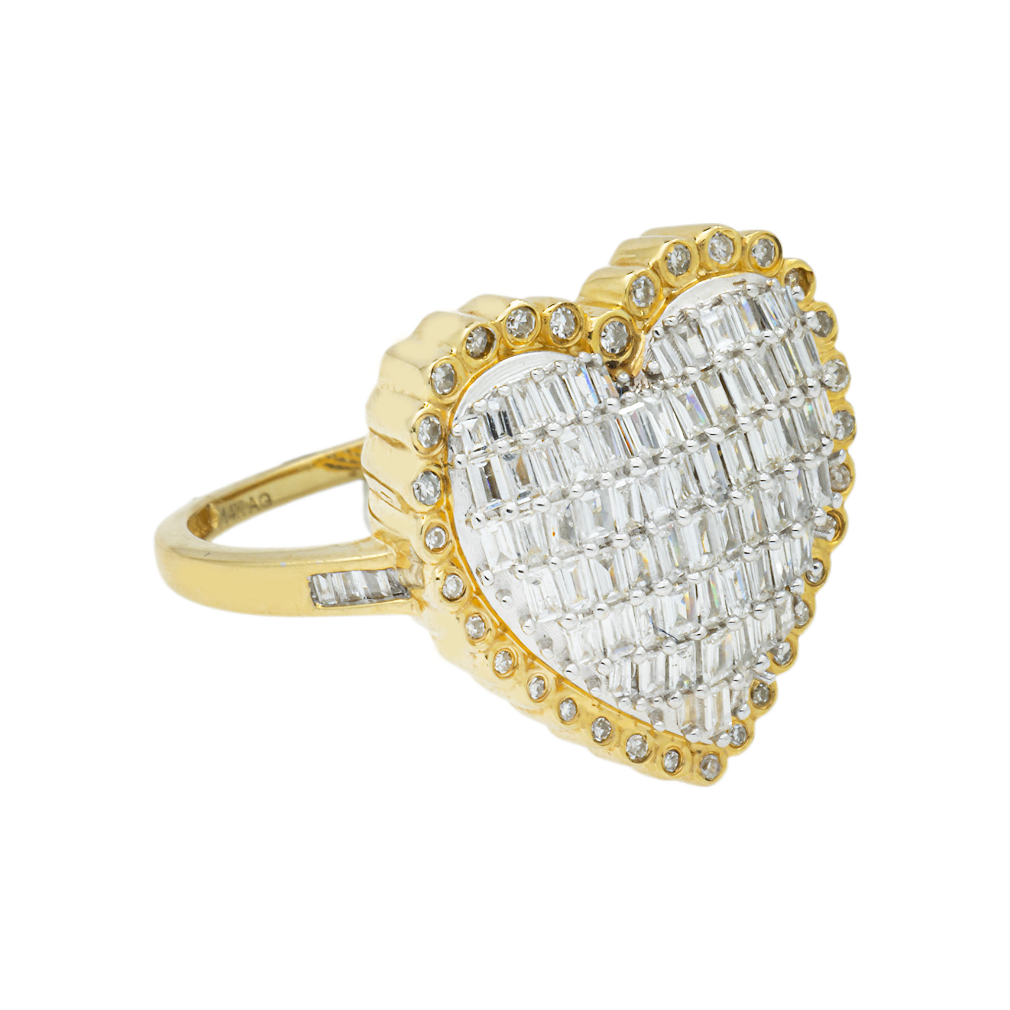14K GOLD BAGUETTE AND ROUND DIAMOND DOME HEART RING 0.80 CT
