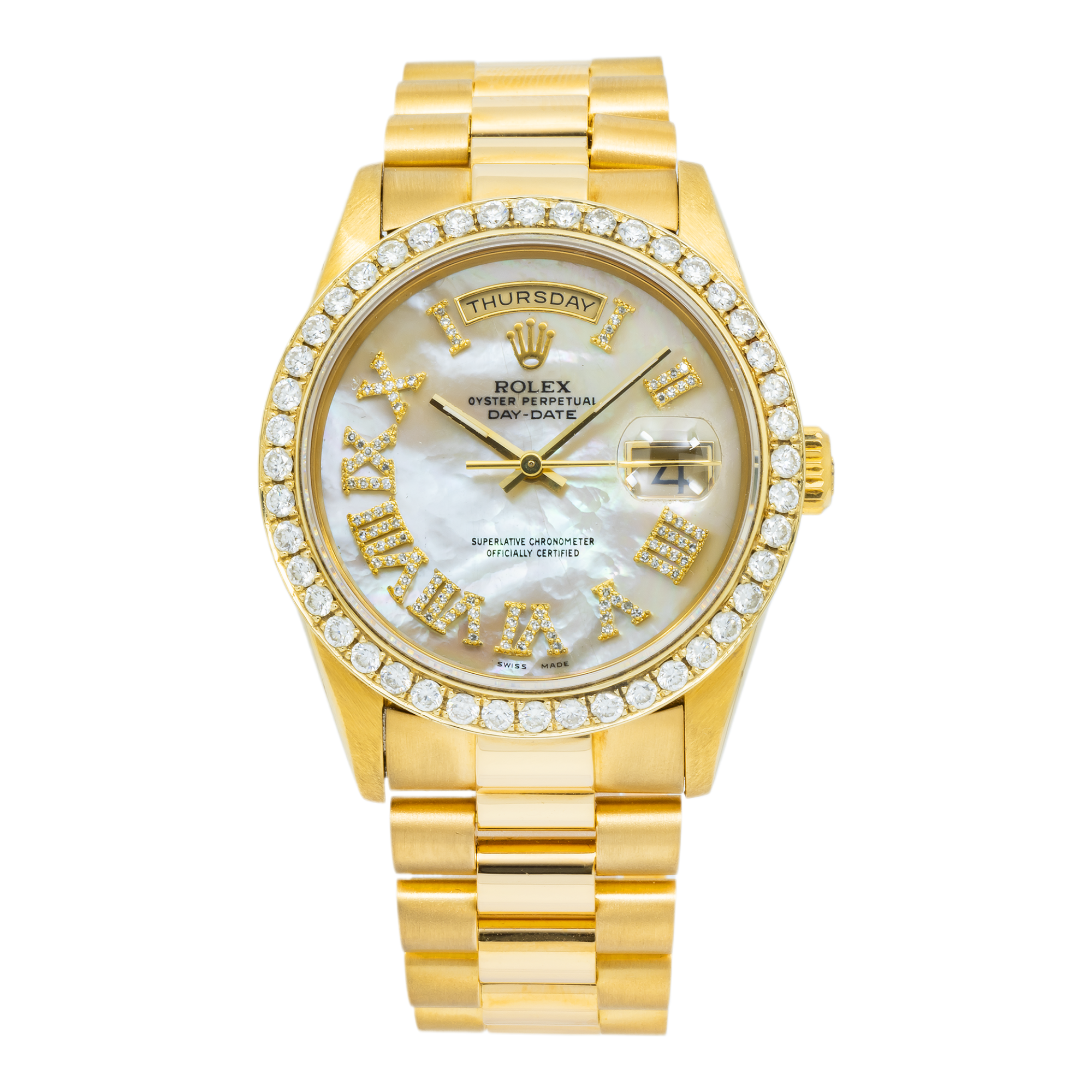 Rolex Day-Date 18238 36MM White Mother Of Pearl Diamond Roman Dial And Bezel With Yellow Gold Presidential Bracelet