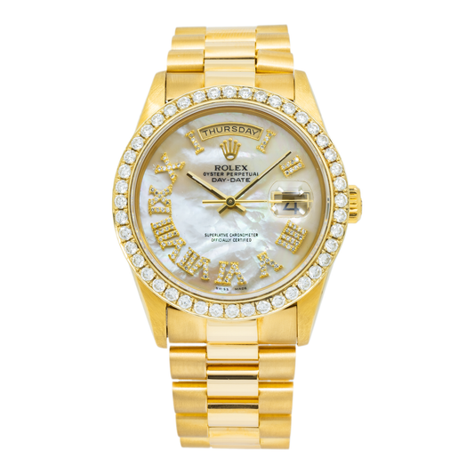 Rolex Day-Date 18238 36MM White Mother Of Pearl Diamond Roman Dial And Bezel With Yellow Gold Presidential Bracelet