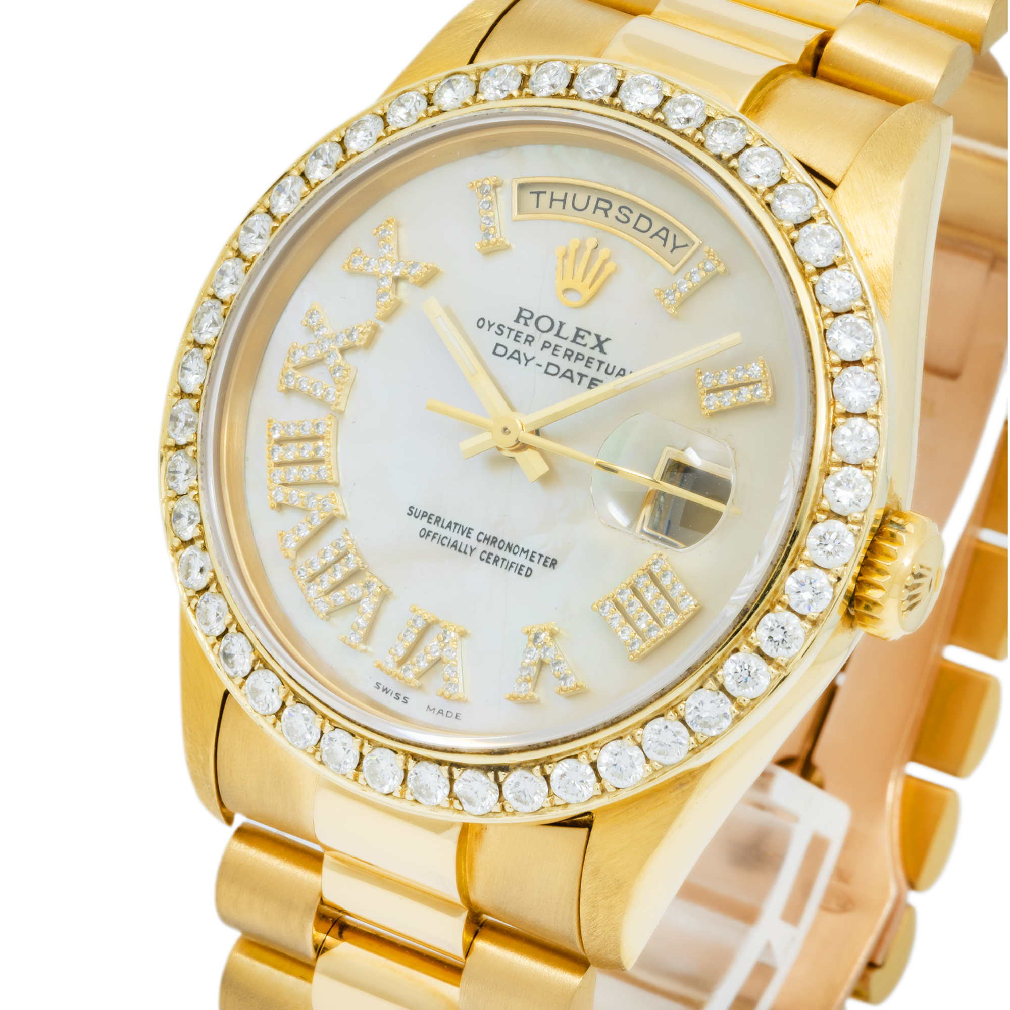 Rolex Day-Date 18238 36MM White Mother Of Pearl Diamond Roman Dial And Bezel With Yellow Gold Presidential Bracelet