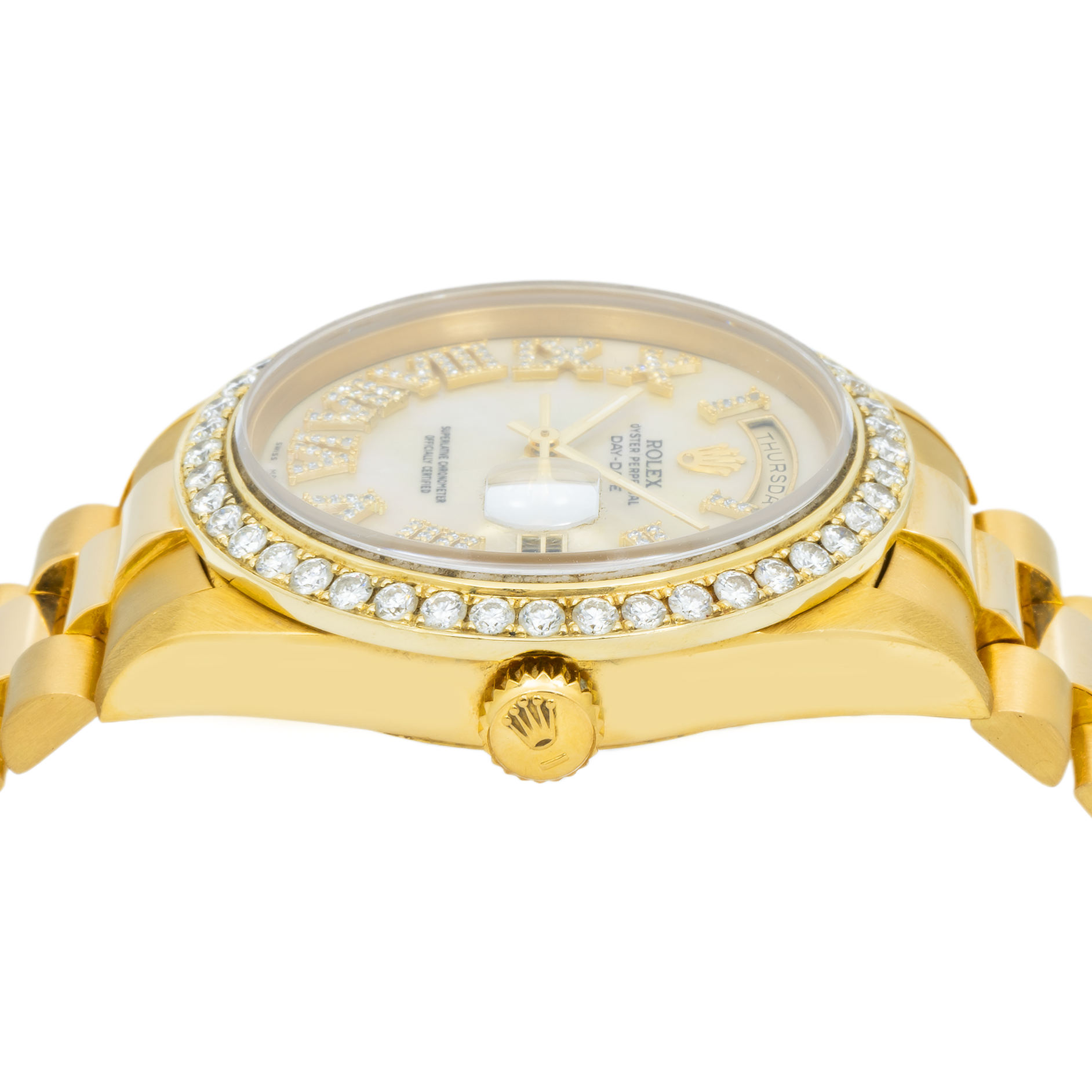 Rolex Day-Date 18238 36MM White Mother Of Pearl Diamond Roman Dial And Bezel With Yellow Gold Presidential Bracelet