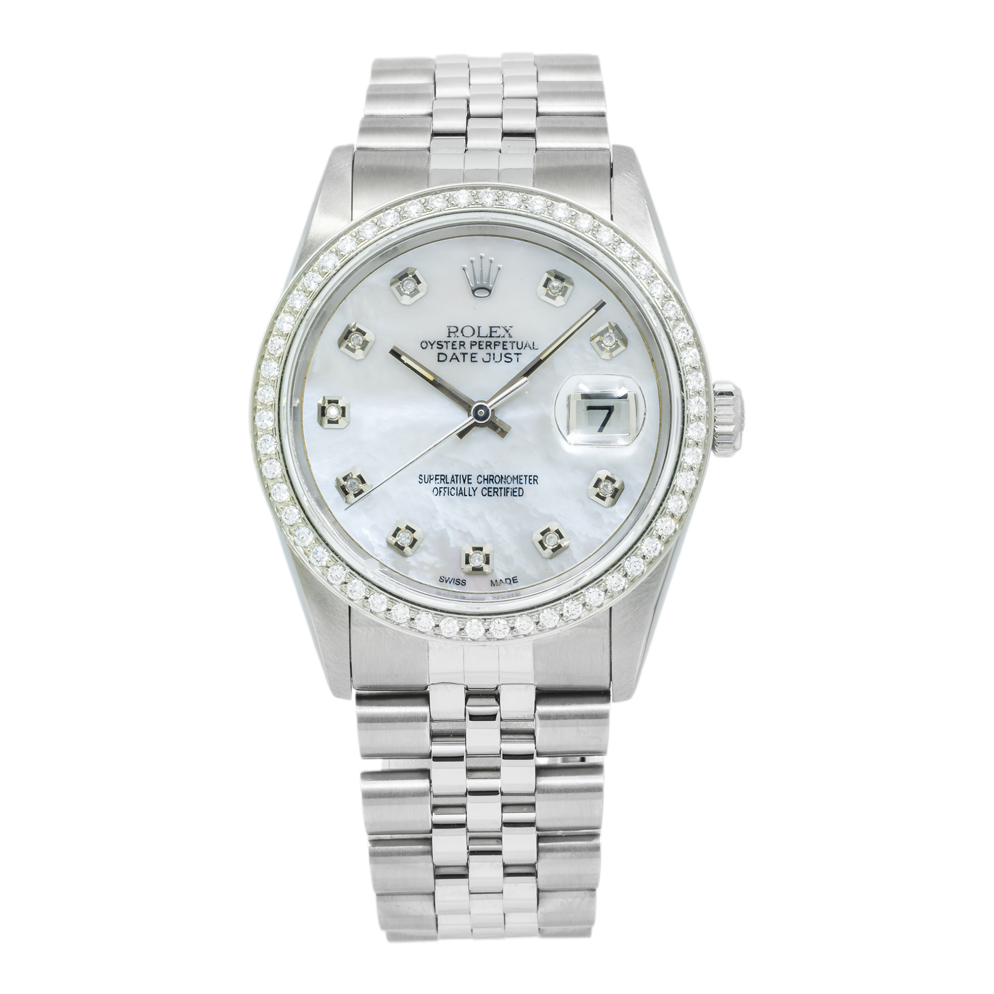 Rolex Datejust 16234 36MM White Mother Of Pearl Diamond Dial And Bezel With Stainless Steel Jubilee Bracelet