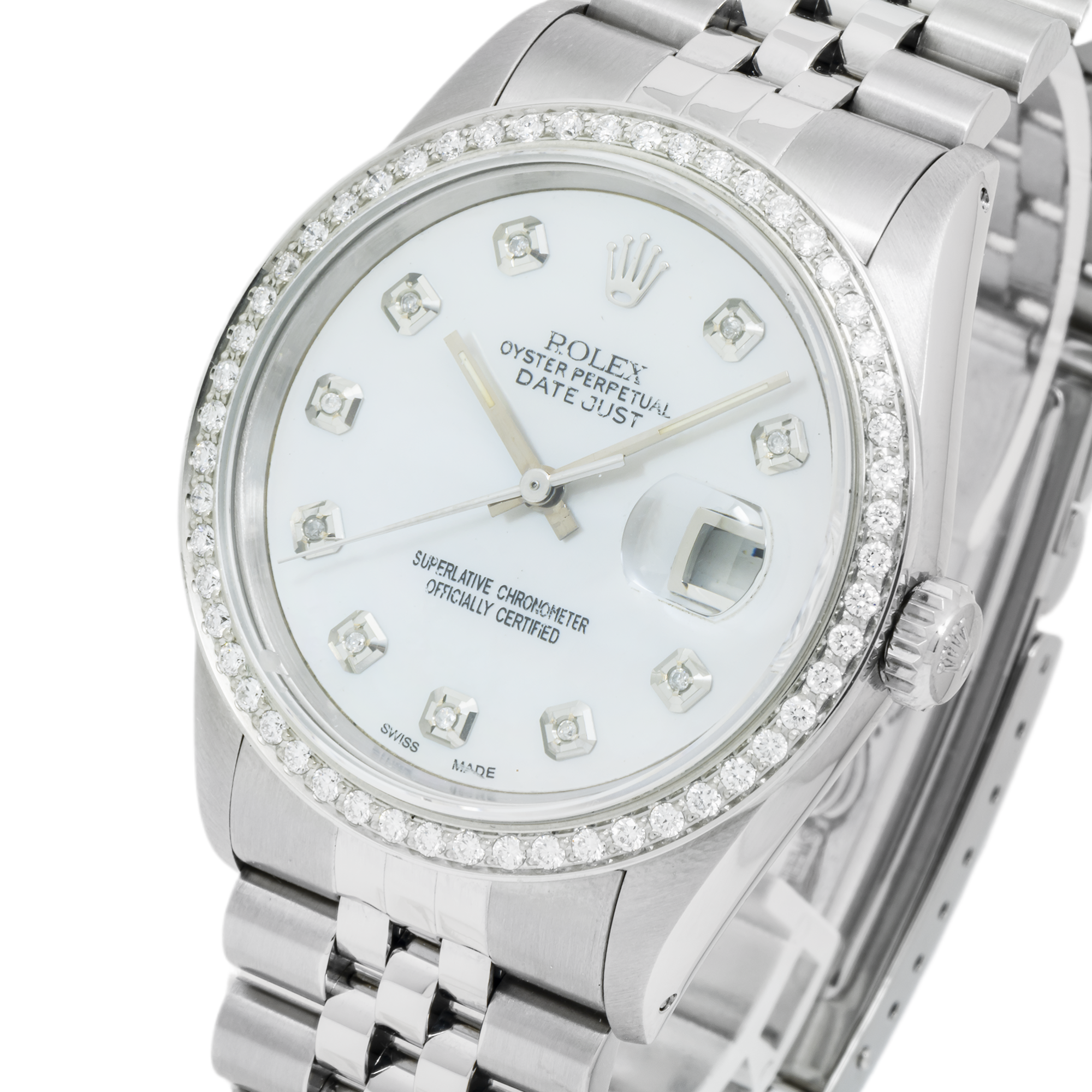 Rolex Datejust 16234 36MM White Mother Of Pearl Diamond Dial And Bezel With Stainless Steel Jubilee Bracelet