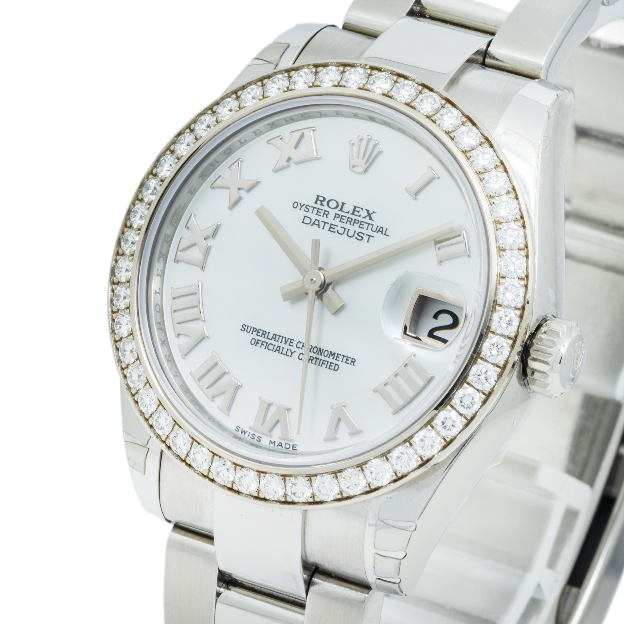 Rolex Datejust 178384 31MM White Roman Dial And Diamond Bezel With Stainless Steel Oyster Bracelet