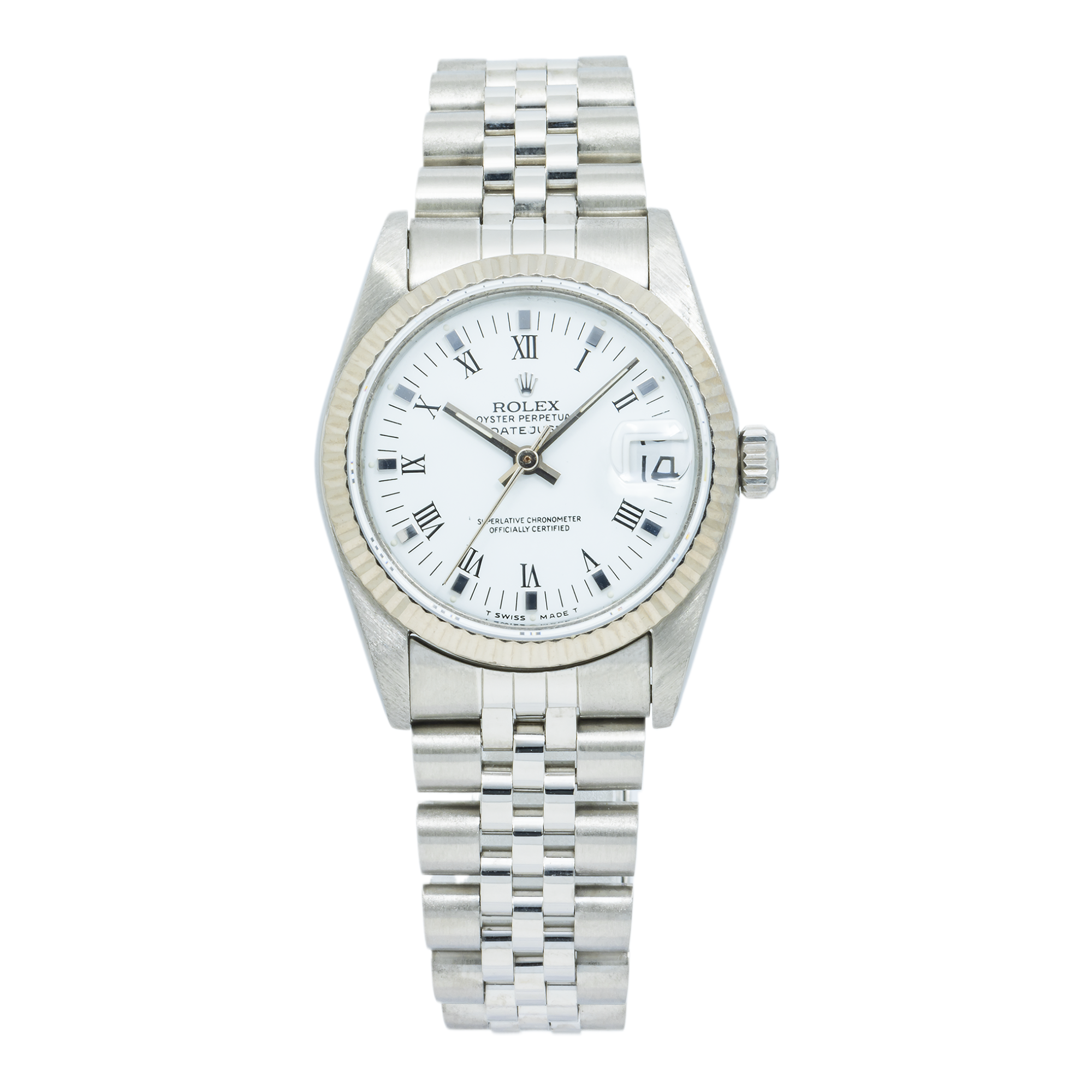 Rolex Datejust 68274 31MM White Roman Dial With White Gold Fluted Bezel And Stainless Steel Jubilee Bracelet