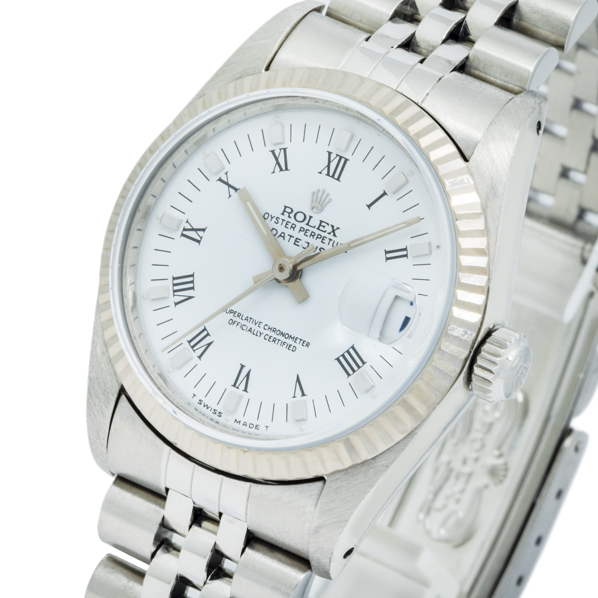 Rolex Datejust 68274 31MM White Roman Dial With White Gold Fluted Bezel And Stainless Steel Jubilee Bracelet