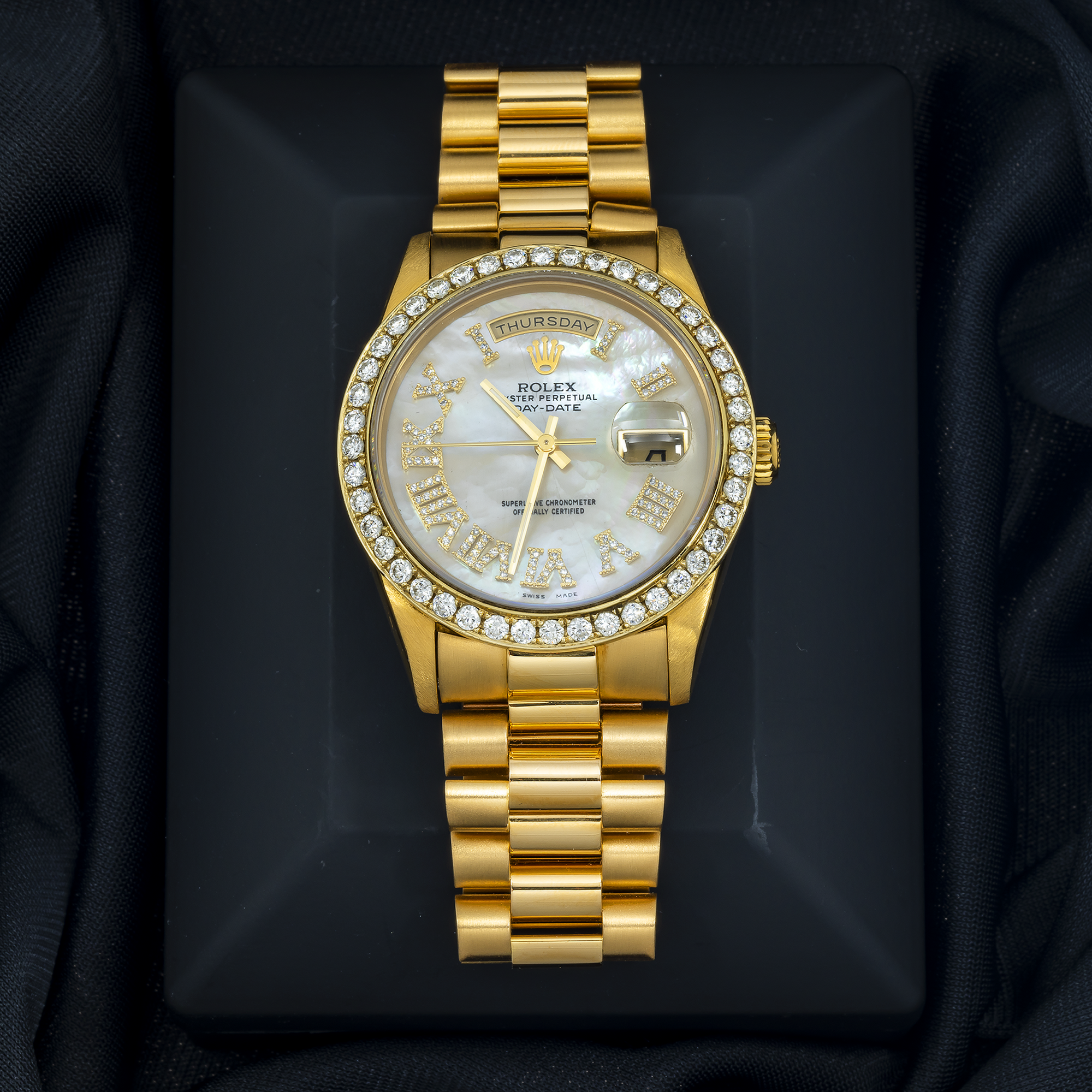 Rolex Day-Date 18238 36MM White Mother Of Pearl Diamond Roman Dial And Bezel With Yellow Gold Presidential Bracelet