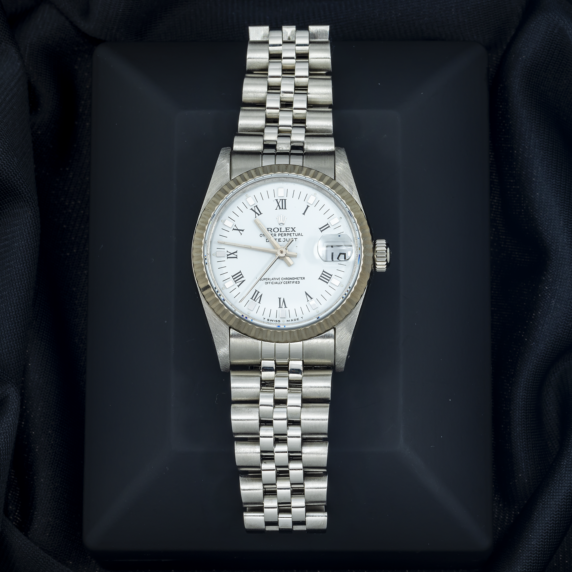 Rolex Datejust 68274 31MM White Roman Dial With White Gold Fluted Bezel And Stainless Steel Jubilee Bracelet