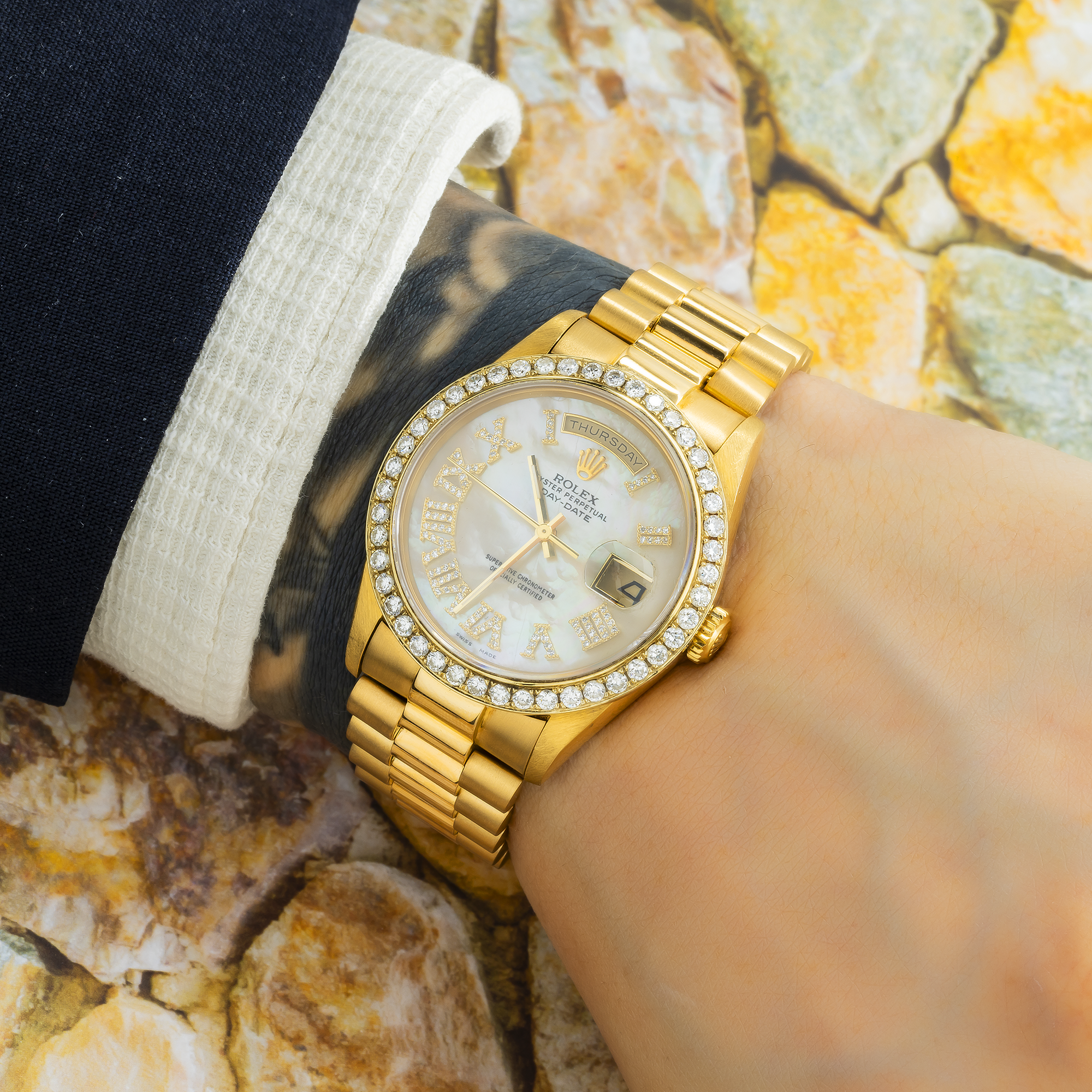Rolex Day-Date 18238 36MM White Mother Of Pearl Diamond Roman Dial And Bezel With Yellow Gold Presidential Bracelet
