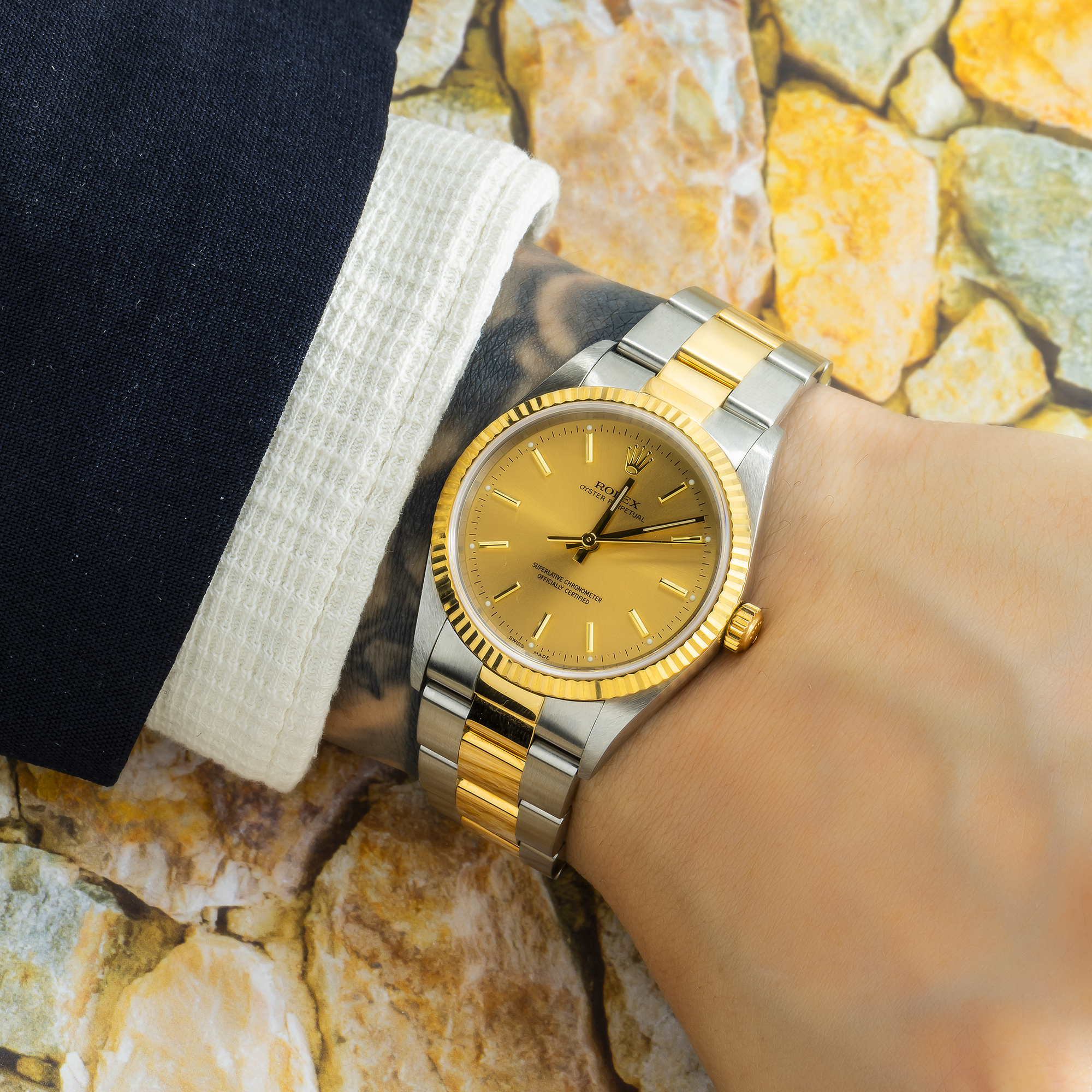 Rolex Oyster Perpetual 14233 34MM Champagne Dial With Two Tone Oyster Bracelet