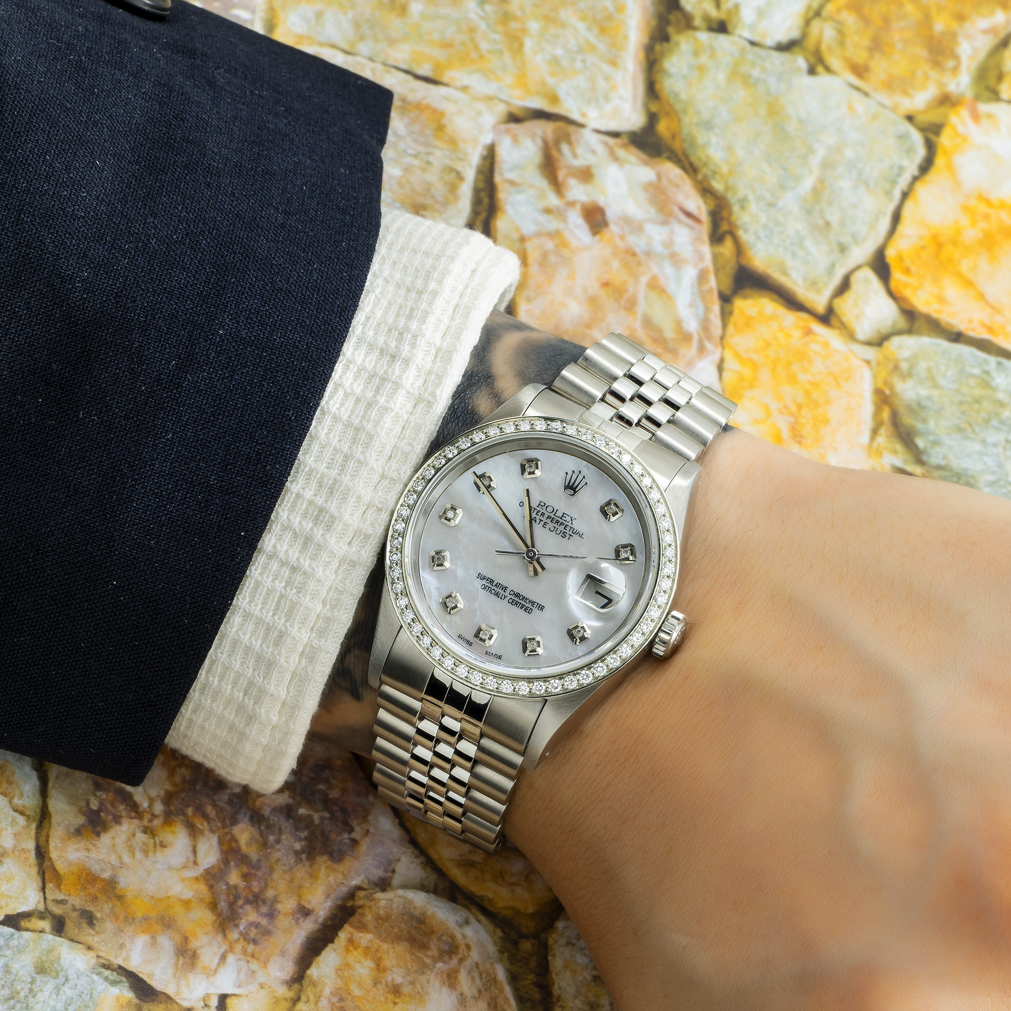 Rolex Datejust 16234 36MM White Mother Of Pearl Diamond Dial And Bezel With Stainless Steel Jubilee Bracelet