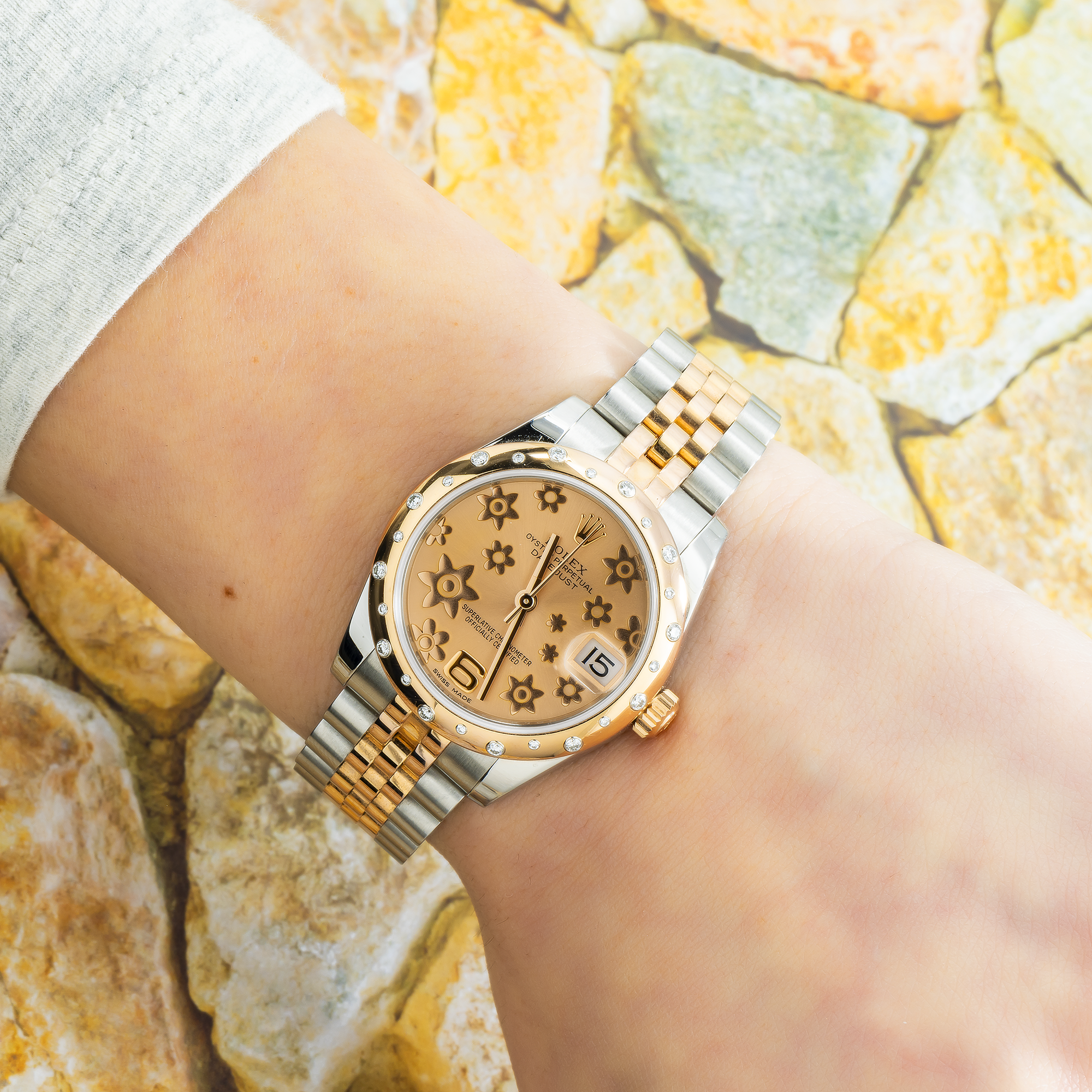 Rolex Lady-Datejust 178341 31MM Pink Raised Floral Motif Dial And Diamond Bezel With Two Tone Jubilee Bracelet