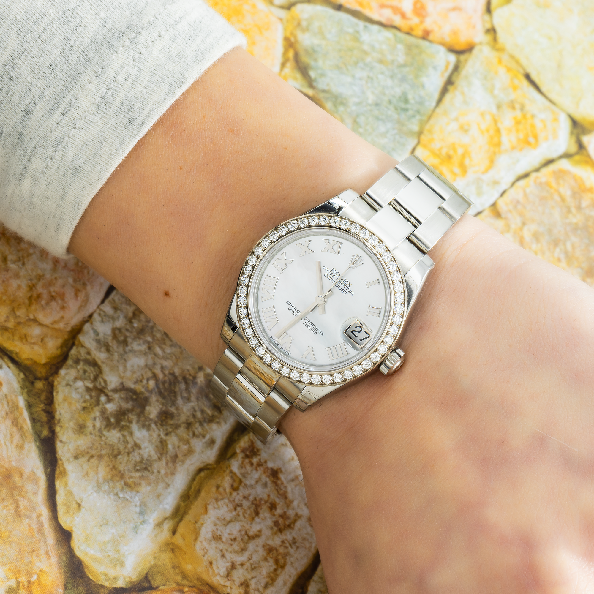 Rolex Datejust 178384 31MM White Roman Dial And Diamond Bezel With Stainless Steel Oyster Bracelet
