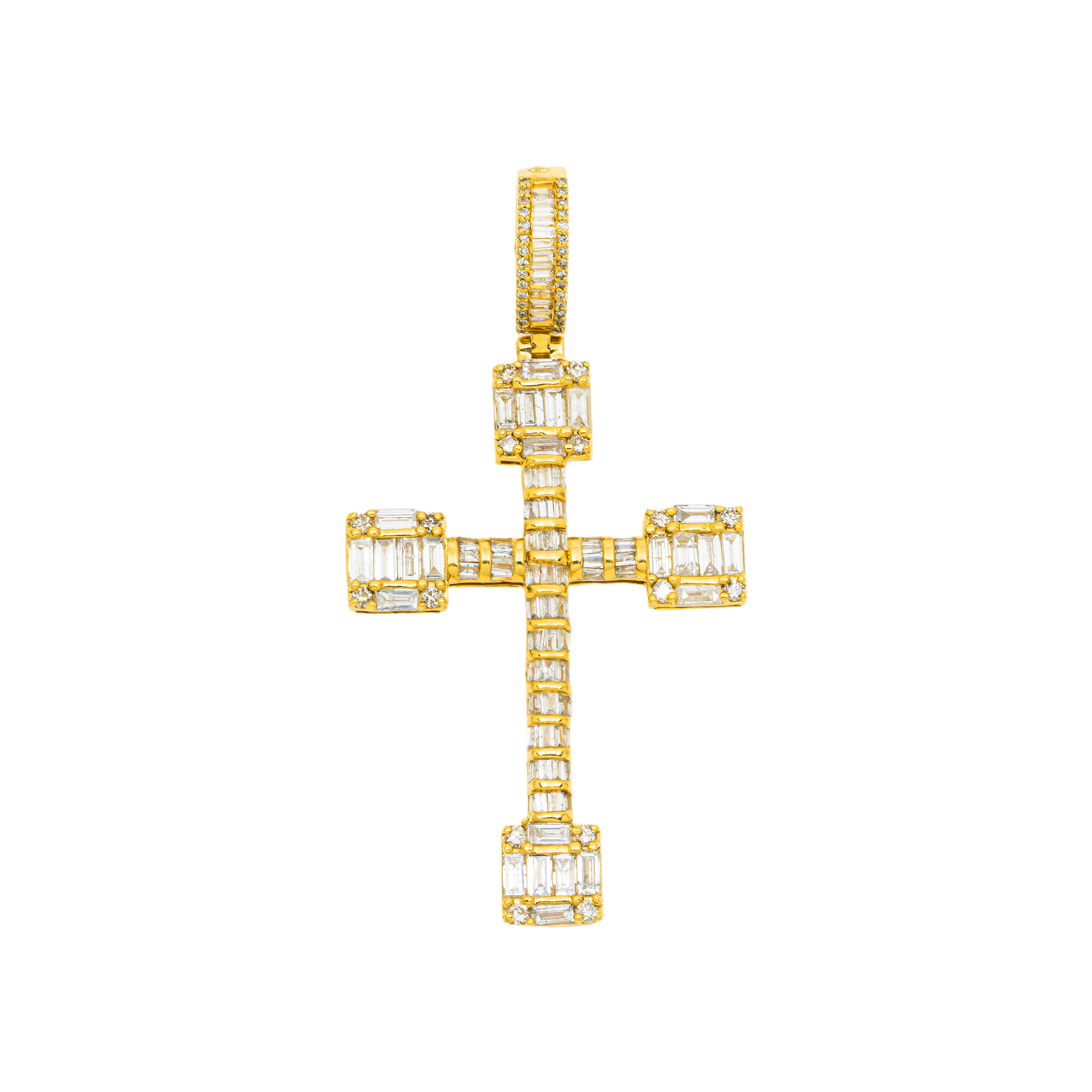 14K GOLD ROUND AND BAGUETTE DIAMOND CROSS PENDANT 3.38 CT