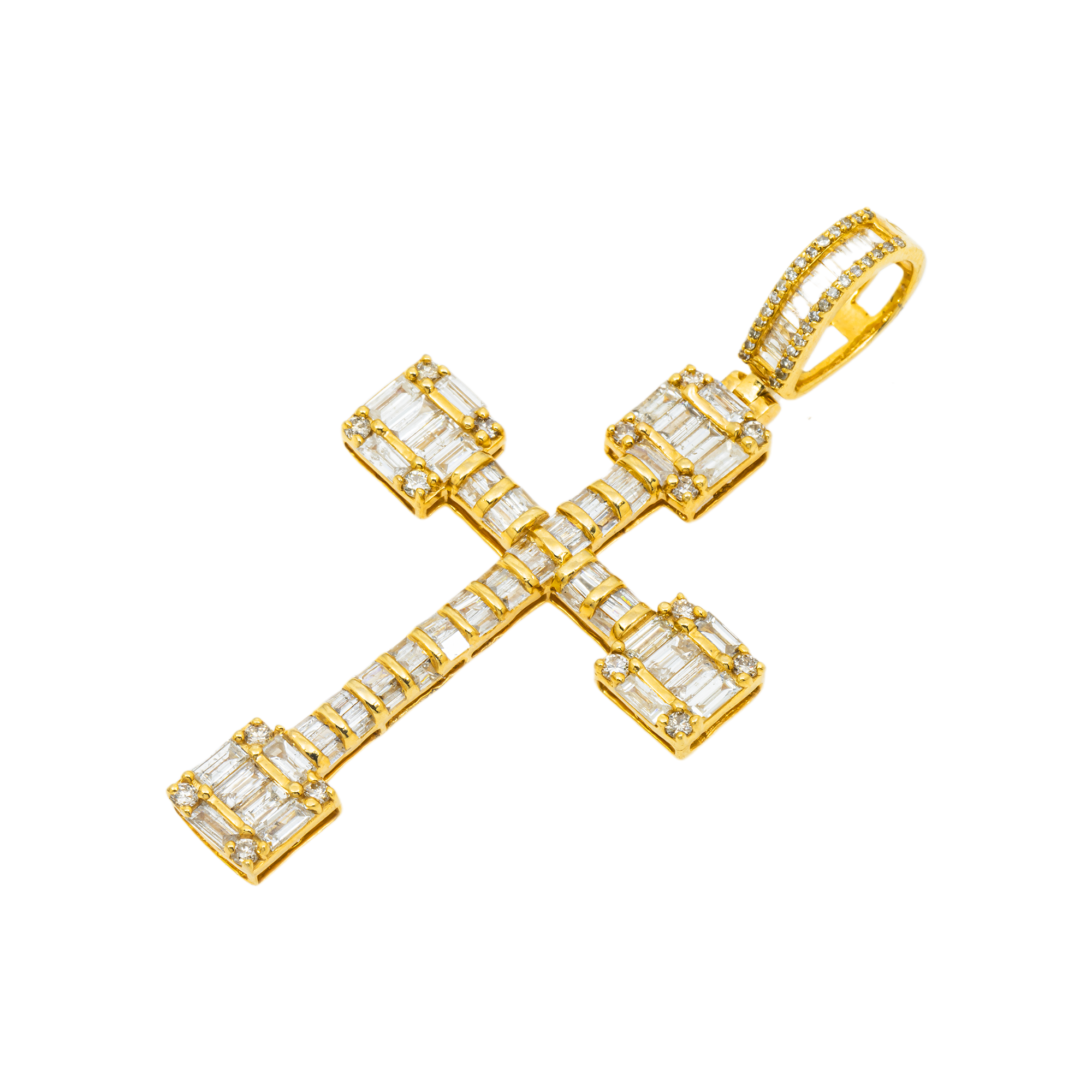 14K GOLD ROUND AND BAGUETTE DIAMOND CROSS PENDANT 3.38 CT