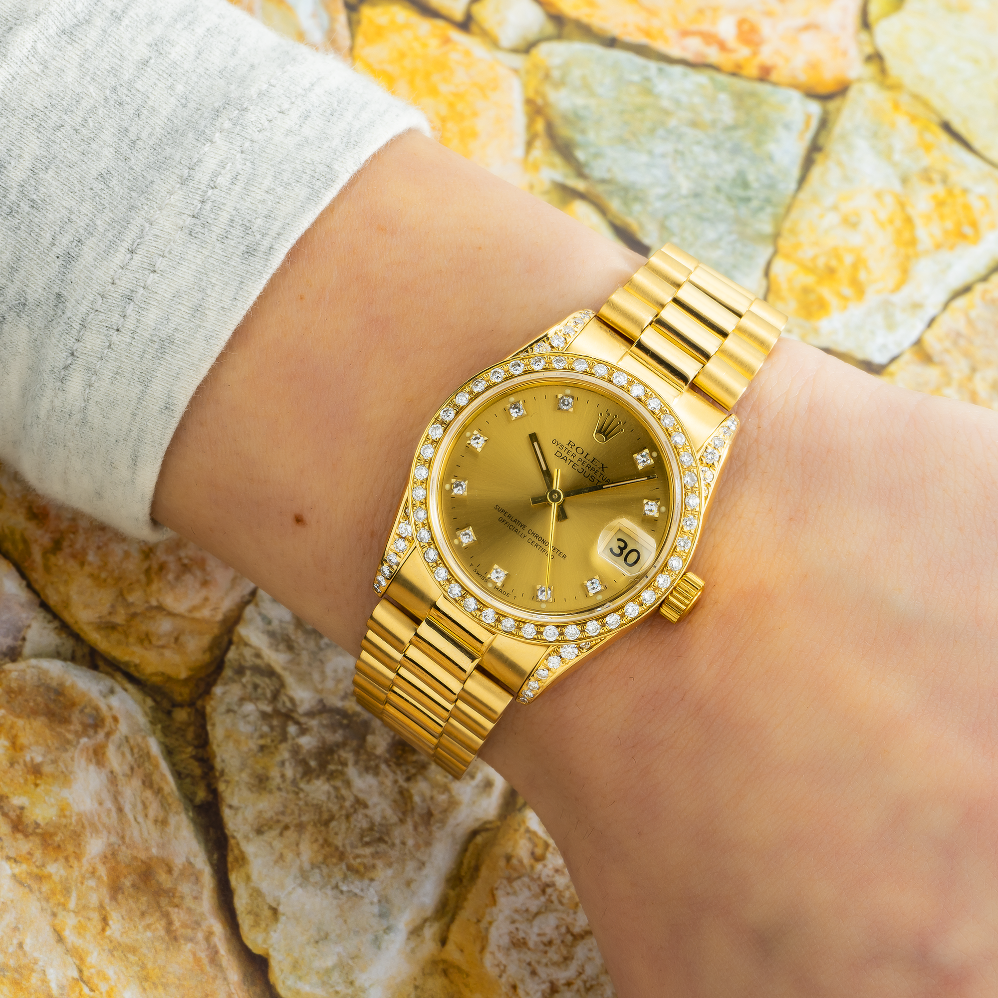 Rolex Datejust 68273 31MM Champagne Diamond Dial And Bezel With Yellow Gold Presidential Bracelet
