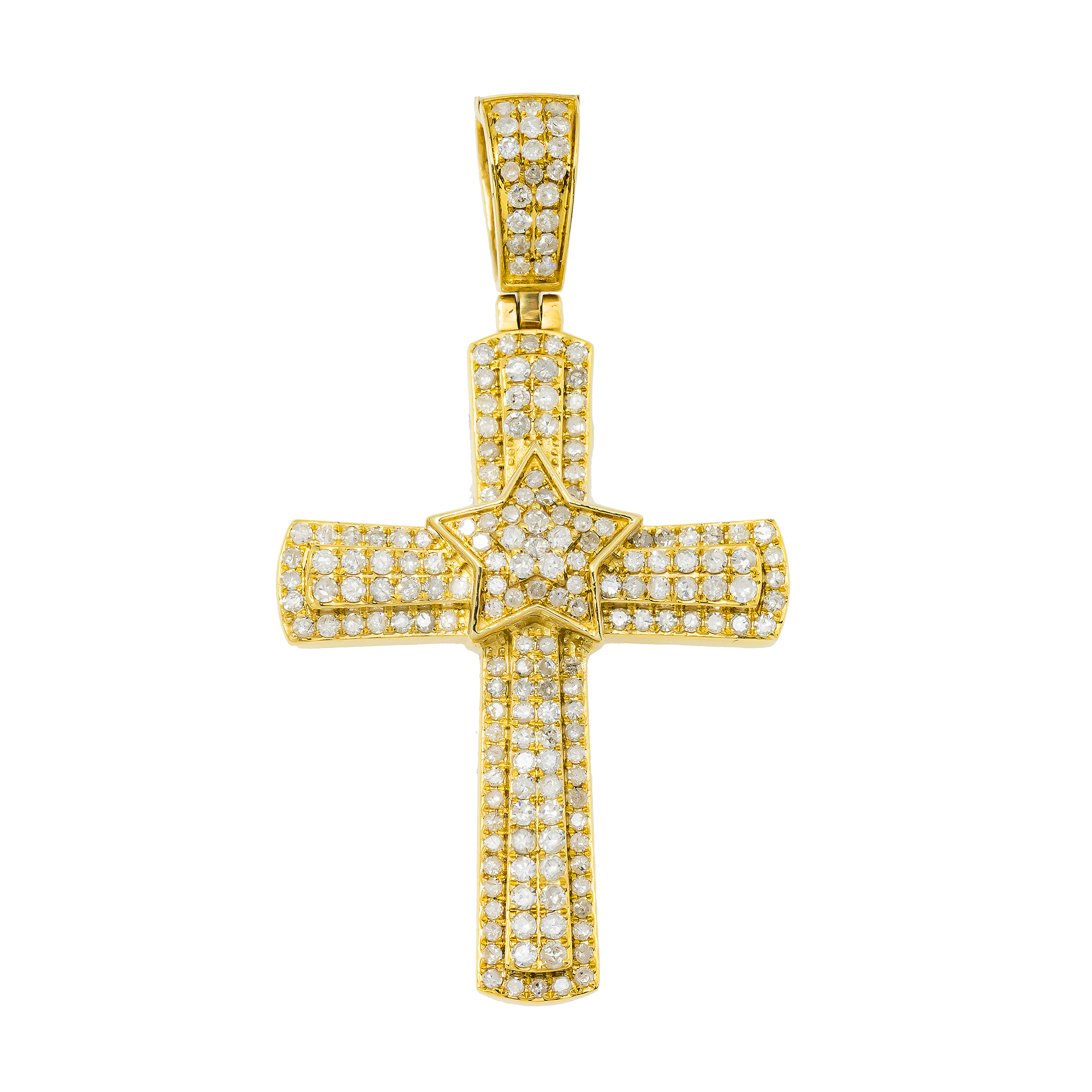 14K GOLD ROUND DIAMOND CROSS WITH STAR PENDANT 0.92 CT