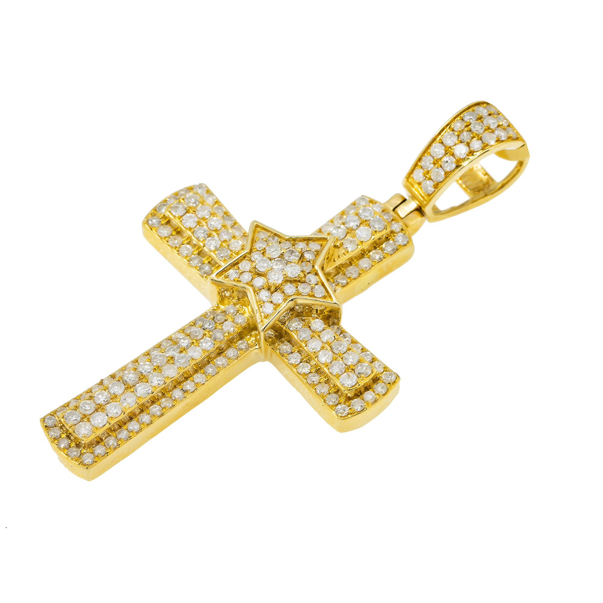 14K GOLD ROUND DIAMOND CROSS WITH STAR PENDANT 0.92 CT