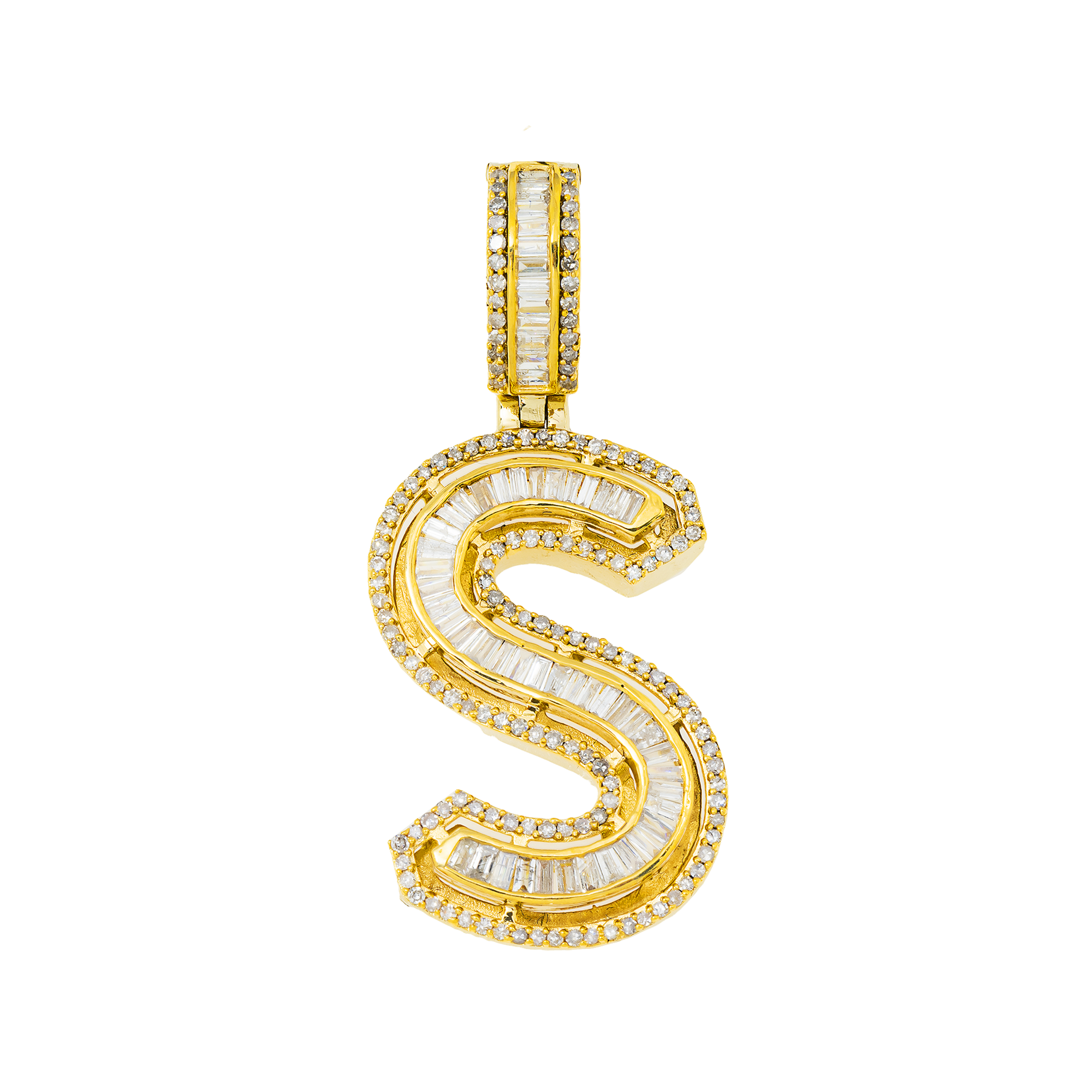 14K GOLD BAGUETTE AND ROUND DIAMOND INITIAL S PENDANT 0.85 CT