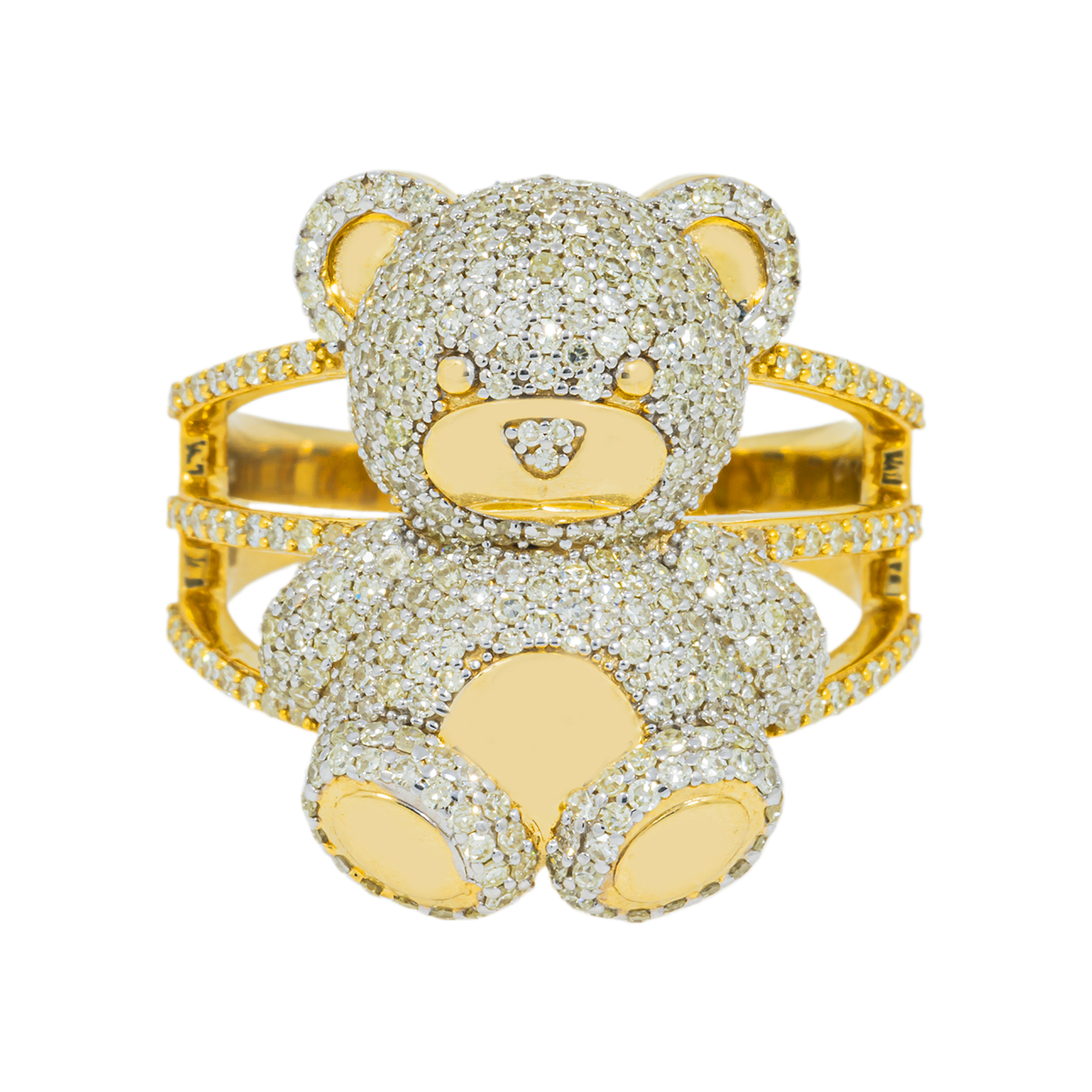 10K GOLD ROUND AND BAGUETTE DIAMOND TEDDY BEAR STATEMENT RING 1.35 CT