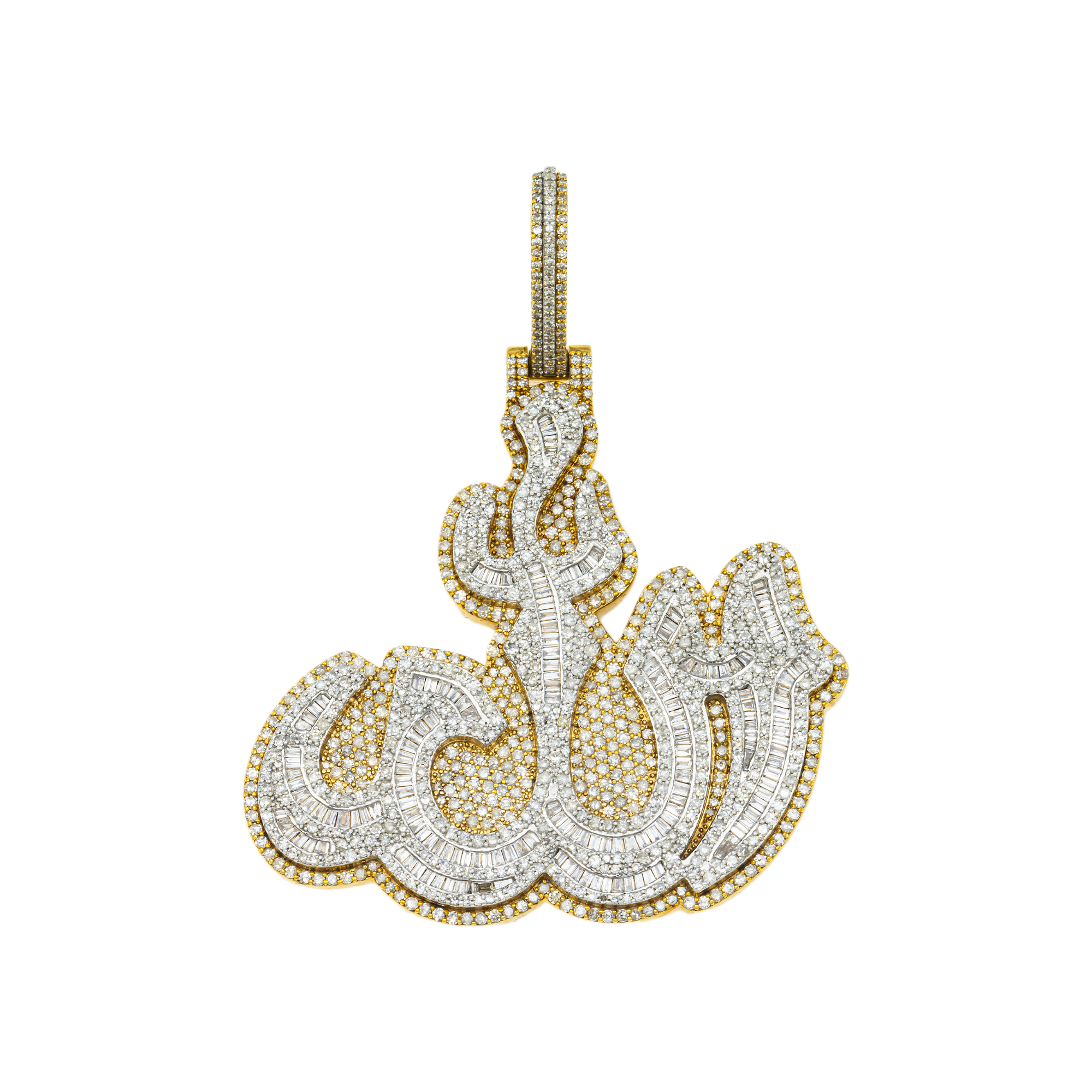 10K GOLD ROUND AND BAGUETTE DIAMOND ALLAH PENDANT 3.76 CT
