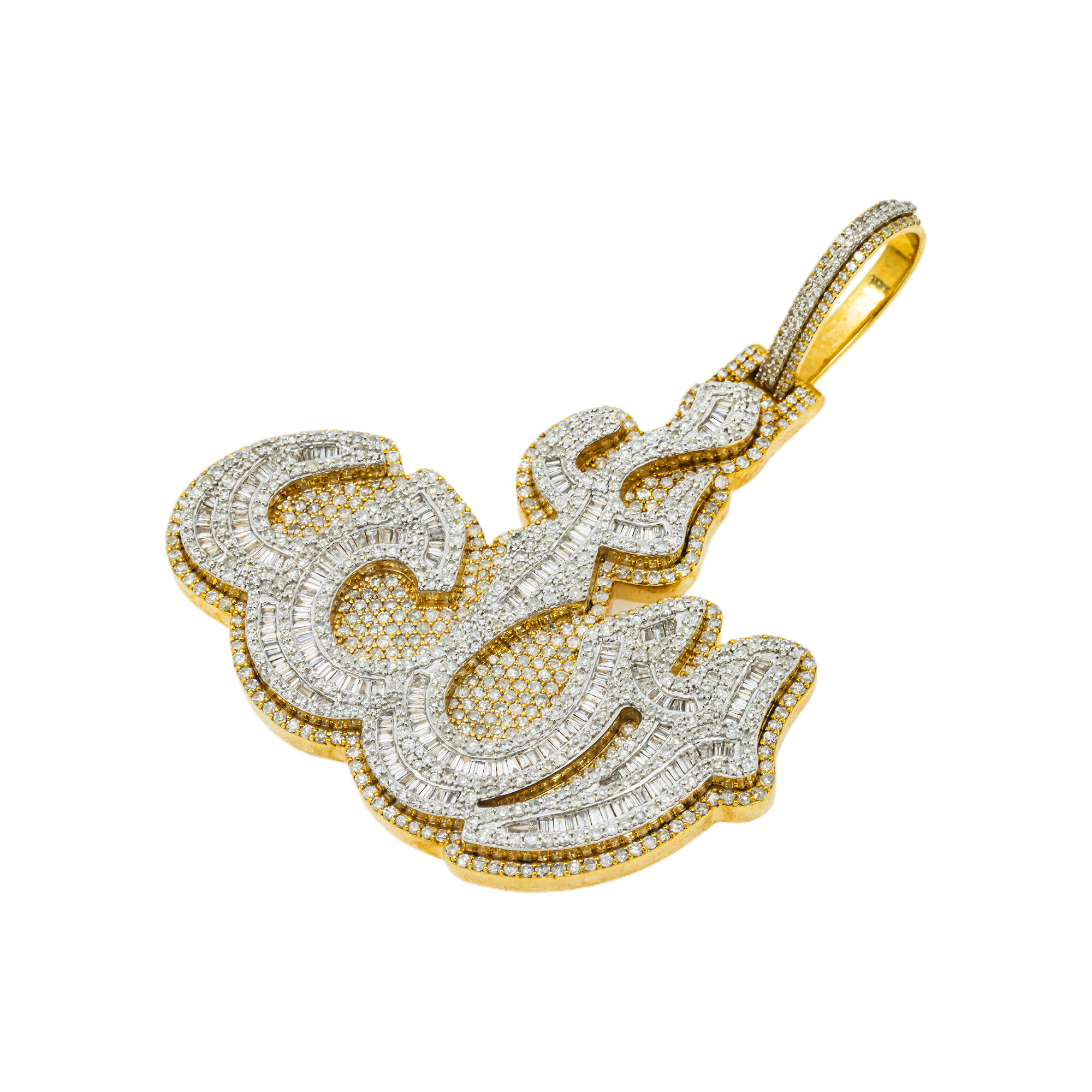 10K GOLD ROUND AND BAGUETTE DIAMOND ALLAH PENDANT 3.76 CT