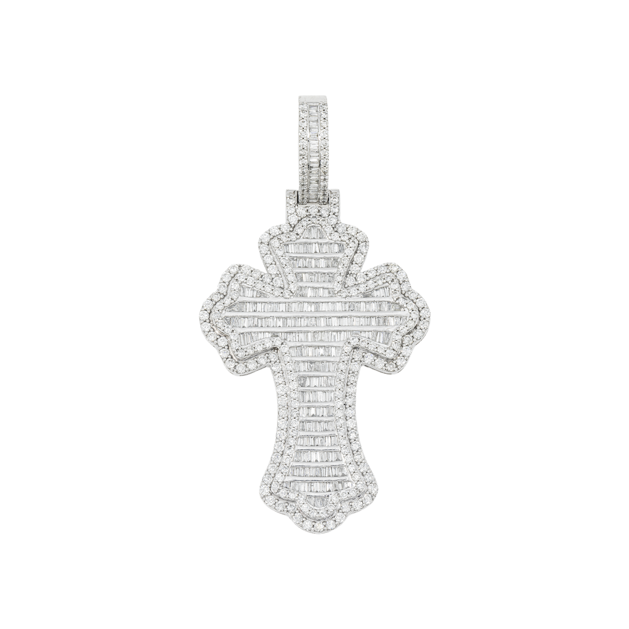 10K GOLD BAGUETTE AND ROUND DIAMOND FLEUR DE LIS CROSS PENDANT 4.45 CT