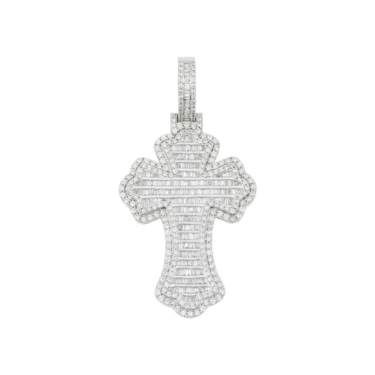 10K GOLD BAGUETTE AND ROUND DIAMOND FLEUR DE LIS CROSS PENDANT 4.45 CT