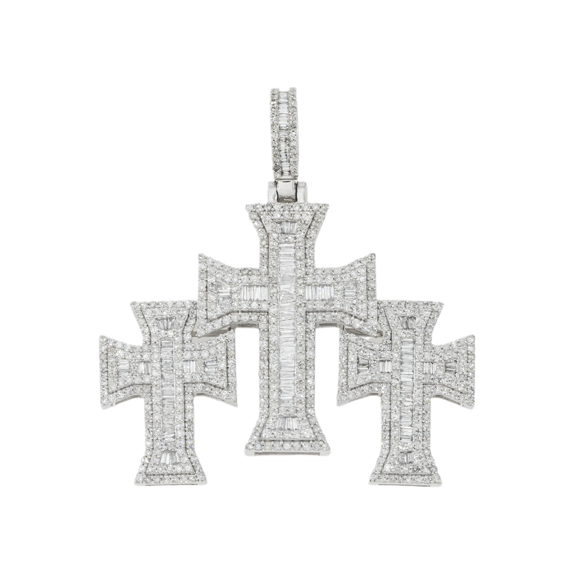 10K GOLD BAGUETTE AND ROUND DIAMOND TRIPLE CROSSES PENDANT 2.91 CT