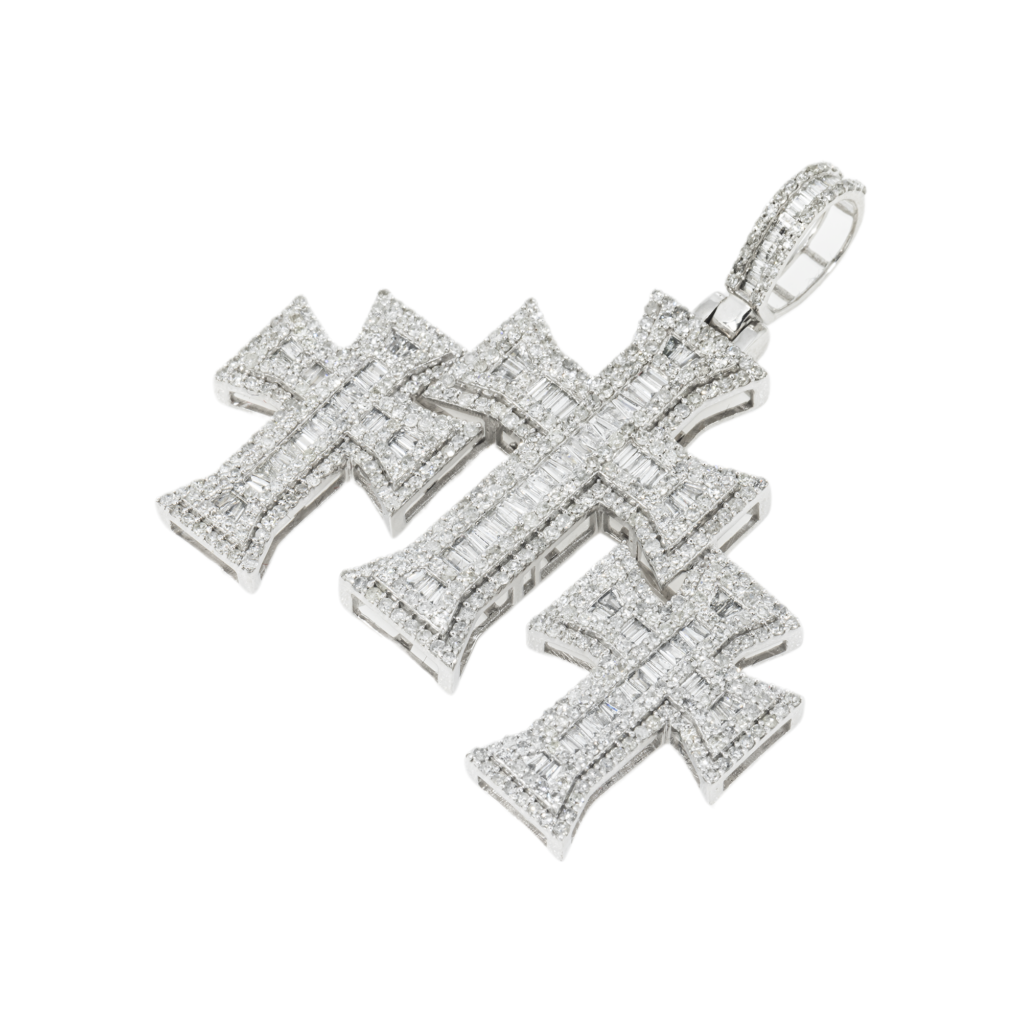 10K GOLD BAGUETTE AND ROUND DIAMOND TRIPLE CROSSES PENDANT 2.91 CT