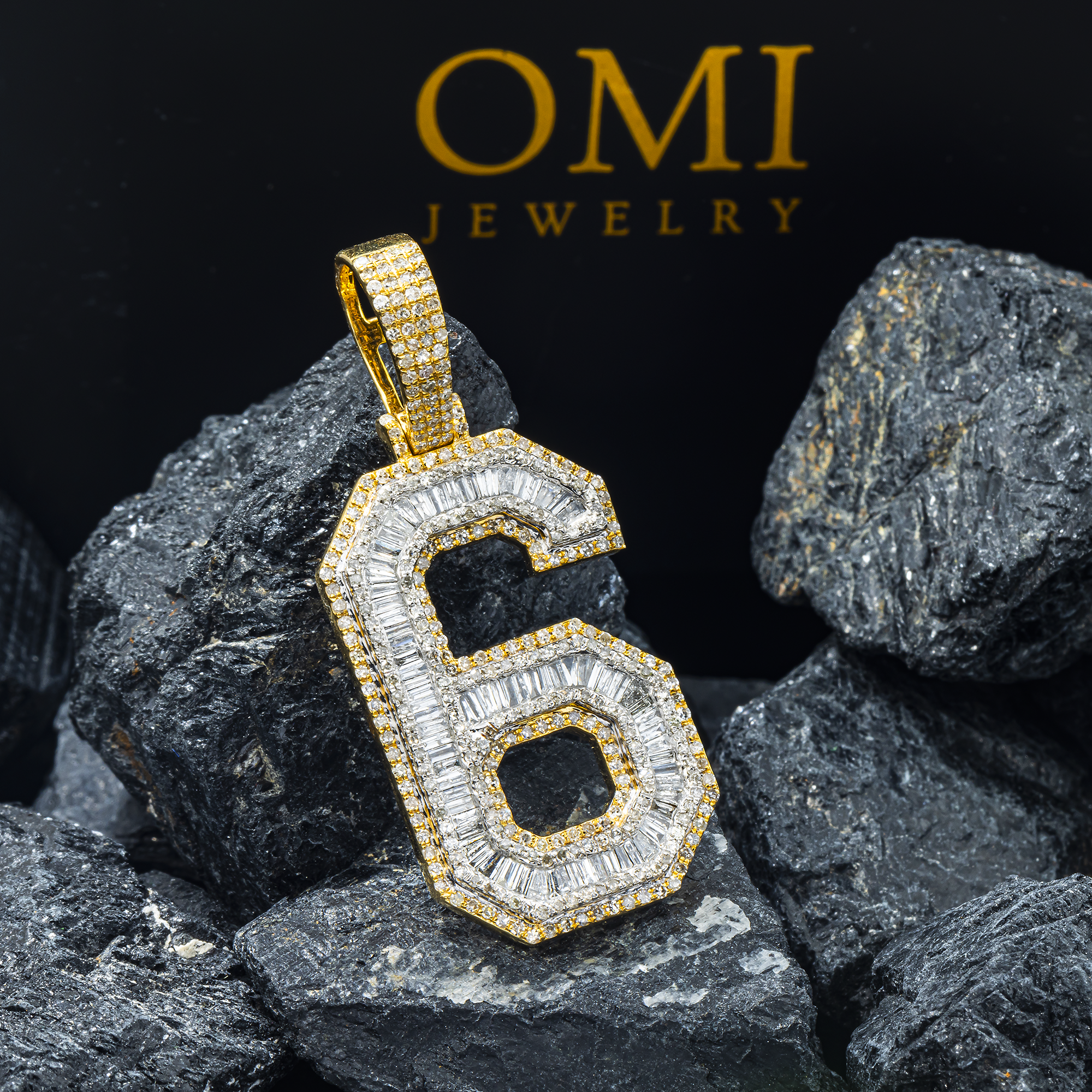 10K GOLD BAGUETTE AND ROUND DIAMOND NUMBER 6 PENDANT 2.14 CT