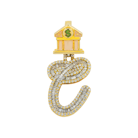 10K GOLD DIAMOND CURSIVE INITIAL LETTER C WITH MONEY BANK PENDANT 1.20 CT
