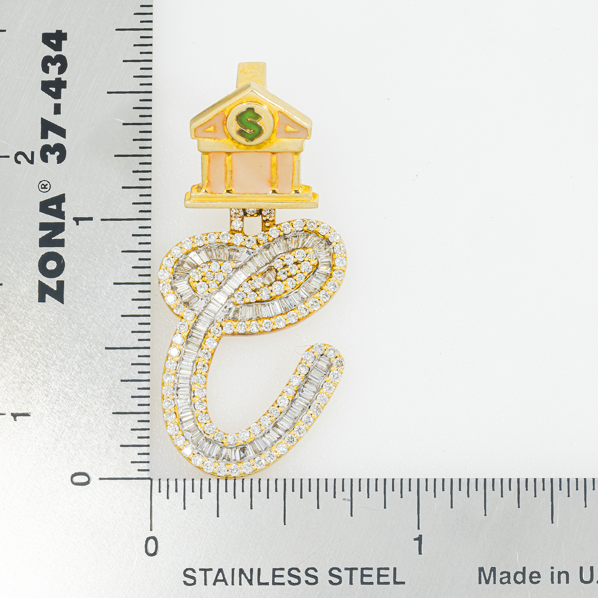 10K GOLD DIAMOND CURSIVE INITIAL LETTER C WITH MONEY BANK PENDANT 1.20 CT