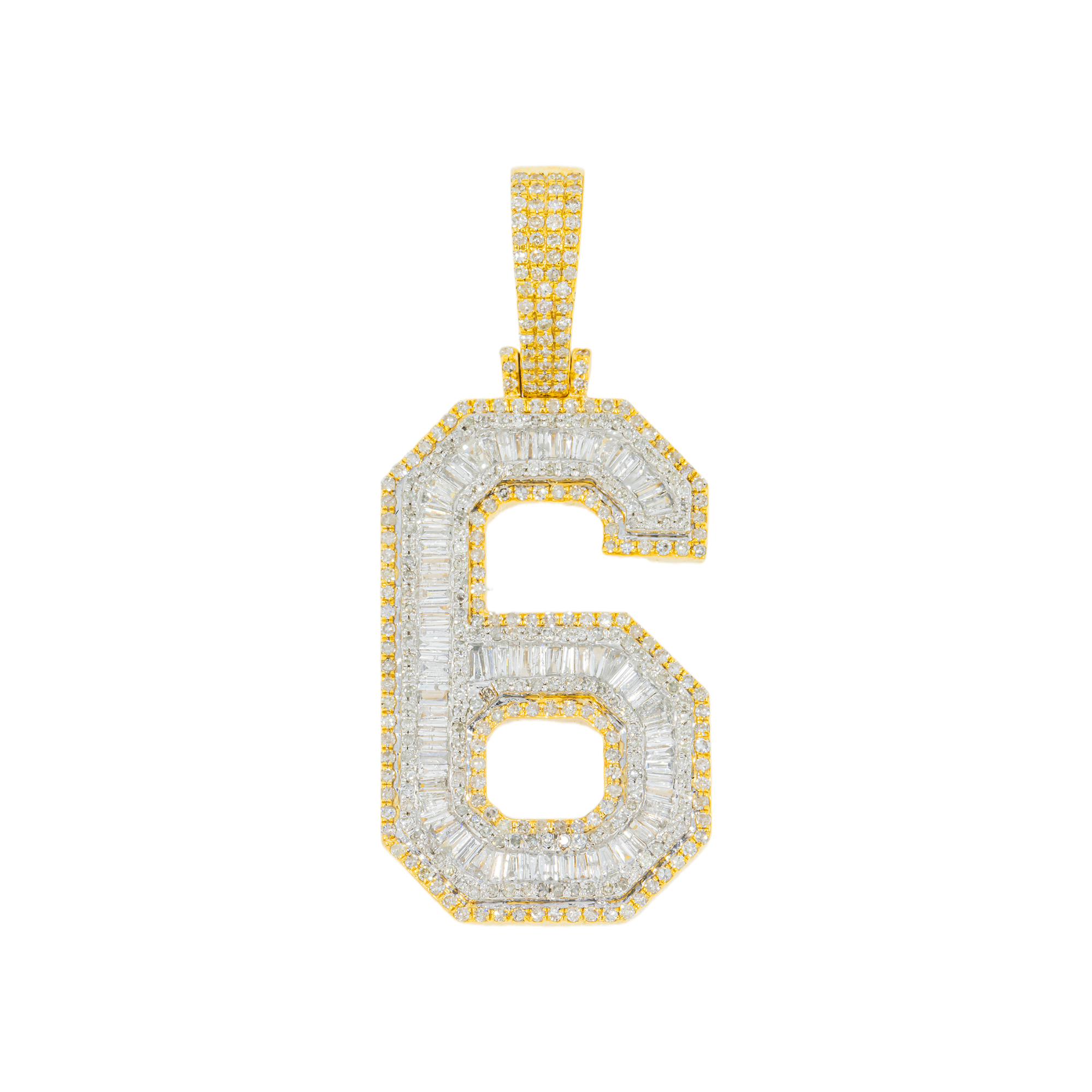 10K GOLD BAGUETTE AND ROUND DIAMOND NUMBER 6 PENDANT 2.14 CT
