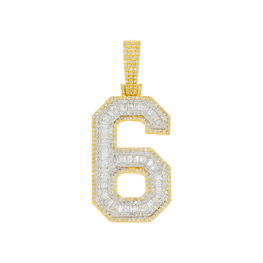 10K GOLD BAGUETTE AND ROUND DIAMOND NUMBER 6 PENDANT 2.14 CT