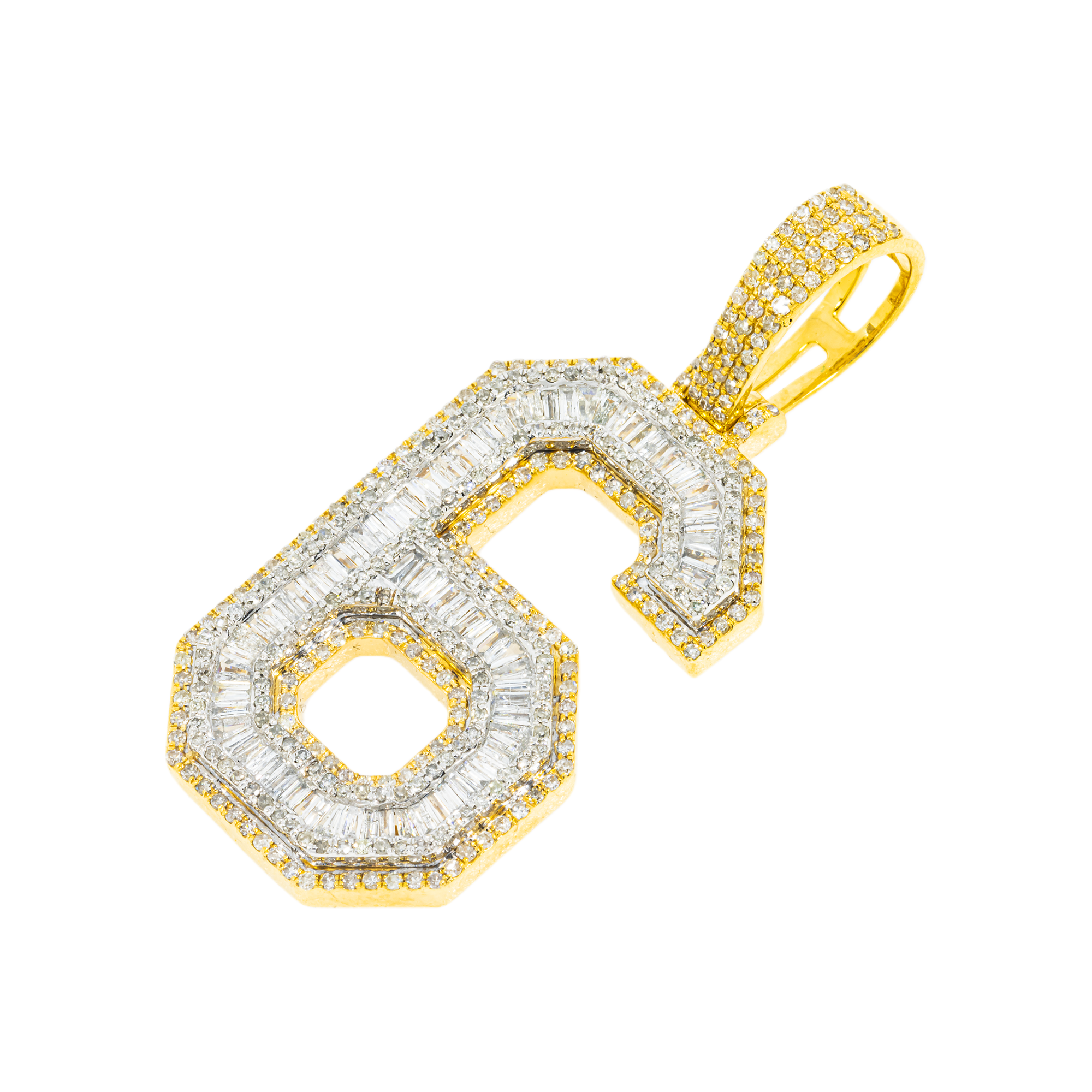 10K GOLD BAGUETTE AND ROUND DIAMOND NUMBER 6 PENDANT 2.14 CT