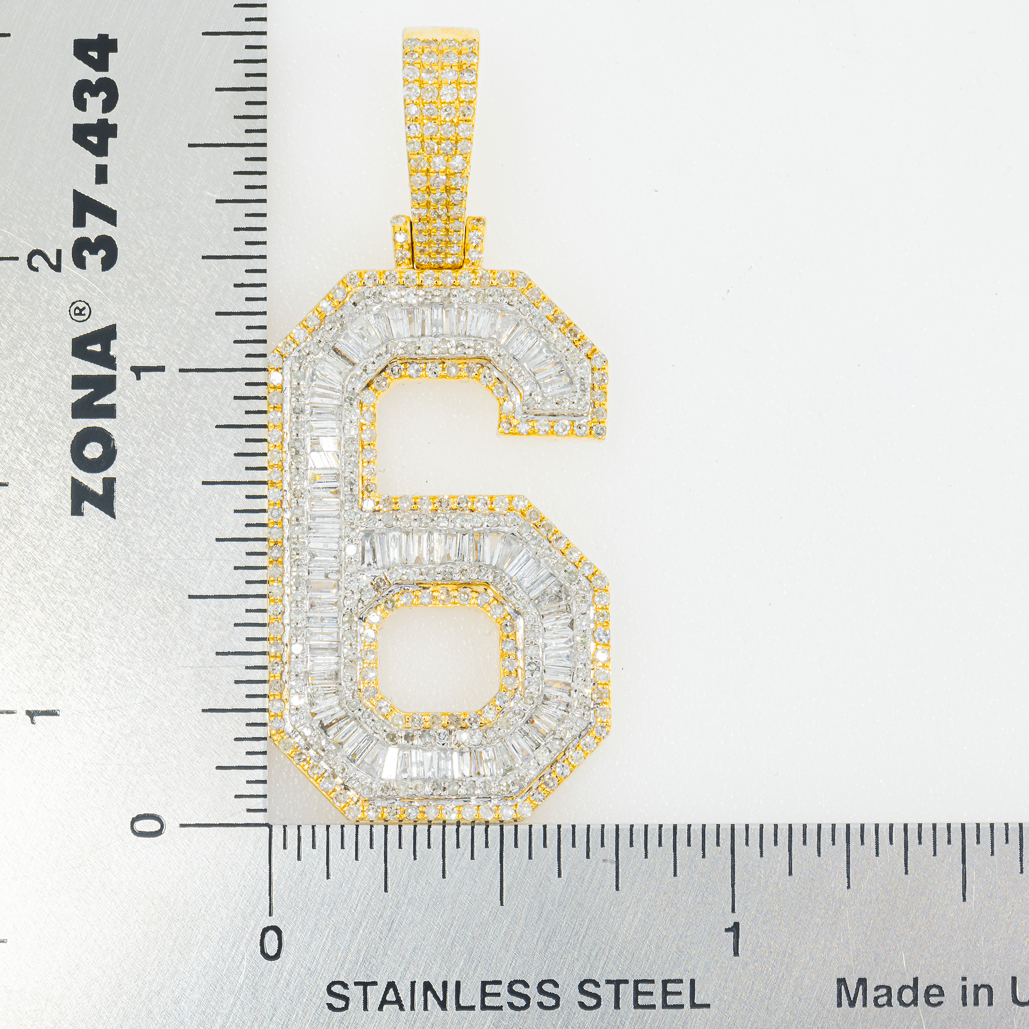 10K GOLD BAGUETTE AND ROUND DIAMOND NUMBER 6 PENDANT 2.14 CT