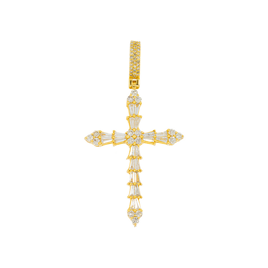 14K GOLD BAGUETTE AND ROUND DIAMOND CROSS PENDANT 2.09 CT
