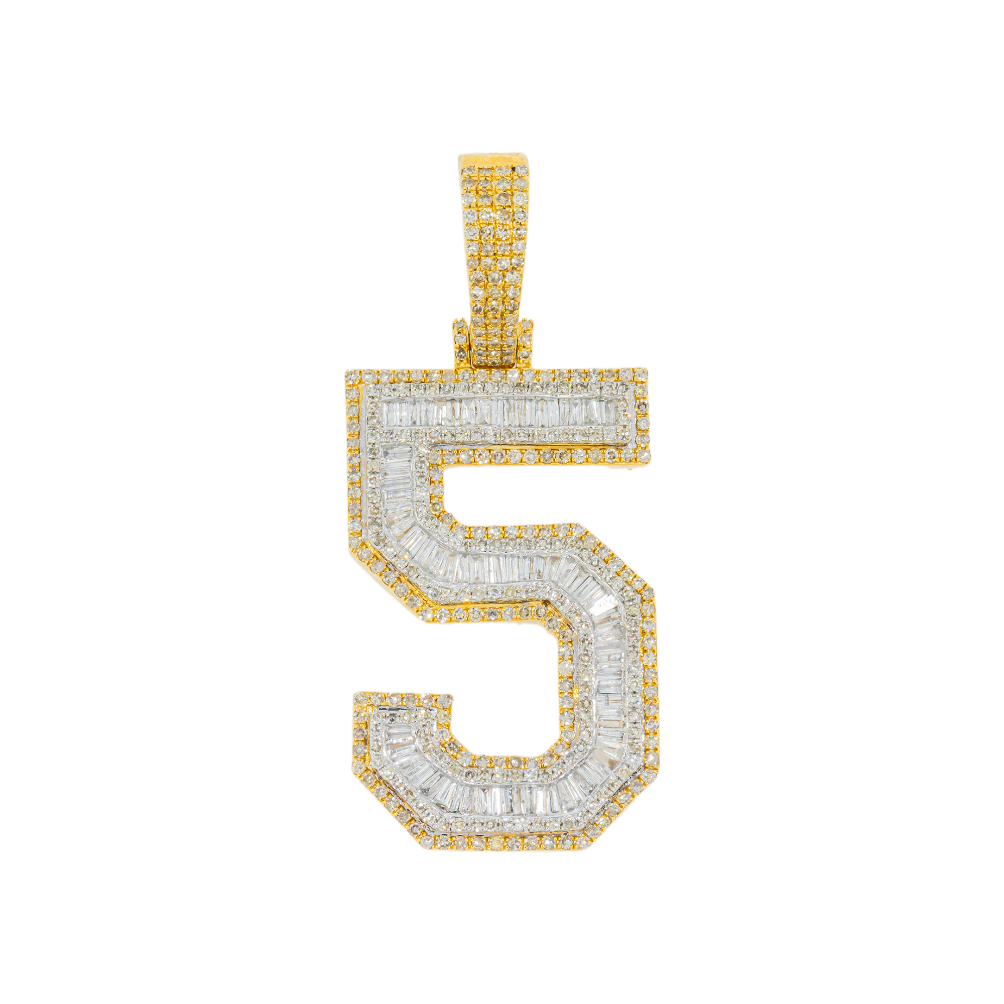 10K GOLD BAGUETTE AND ROUND DIAMOND NUMBER 5 PENDANT 2.03 CT